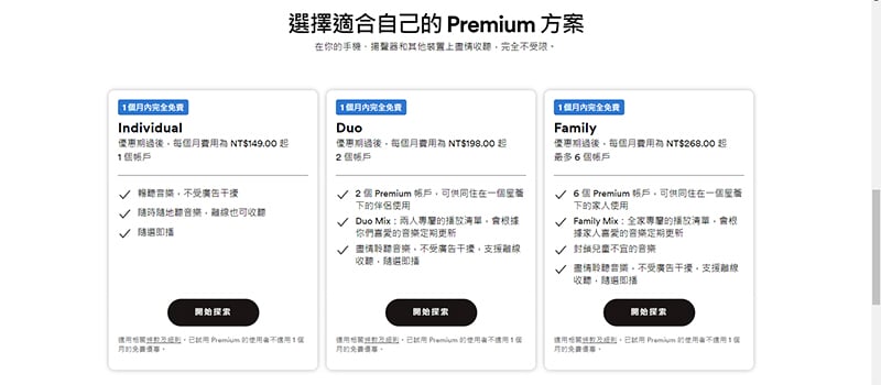 spotify網站上的訂閱制度。