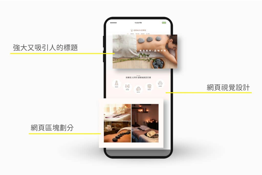 一頁式網頁-架構有區塊劃分，強大又吸引人的標題，網頁視覺設計。