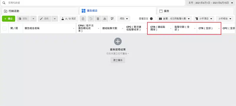 你可以把右側直欄改為成效與點擊次數，CTR的數據便會顯示出來，如果無法那就自訂直欄將CTR的數據叫出來。