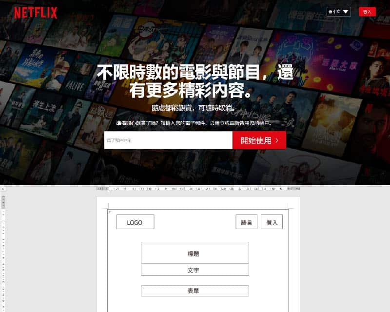 NETFLIX網站架構所繪出來的線框圖與其UX/UI設計