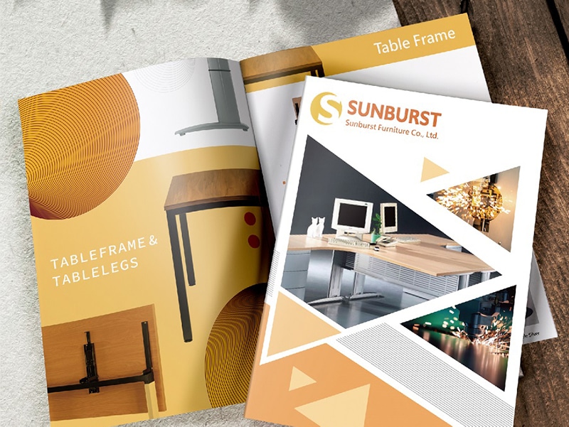 歆恩企業 SUNBURST 家具型錄設計，金黃漸層搭配桌腳產品攝影與三角幾何構圖之品牌DM版面