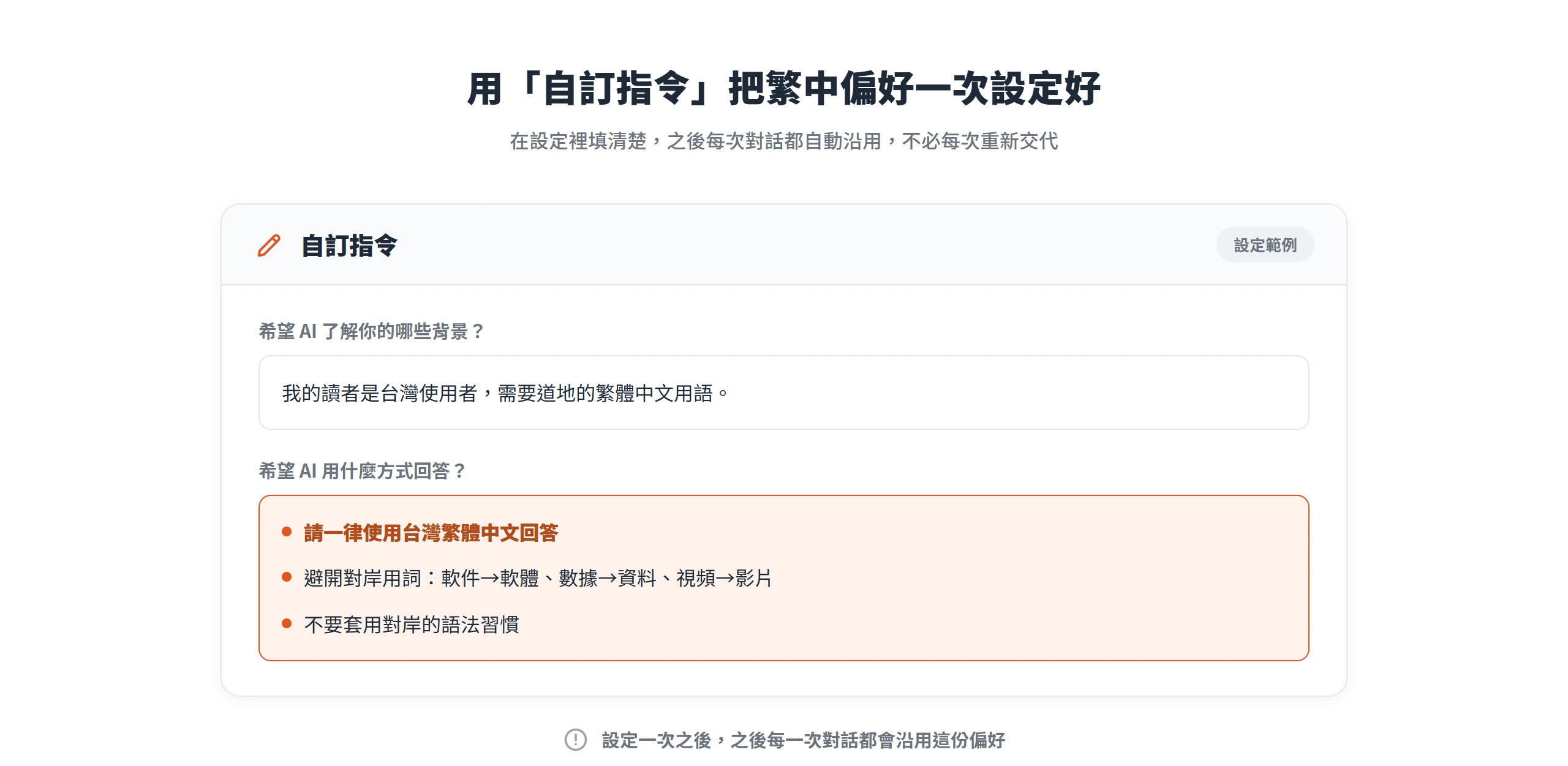 在自訂指令填上使用台灣繁體中文並列出要避開的對岸用詞,讓 AI 每次回答都沿用這份偏好