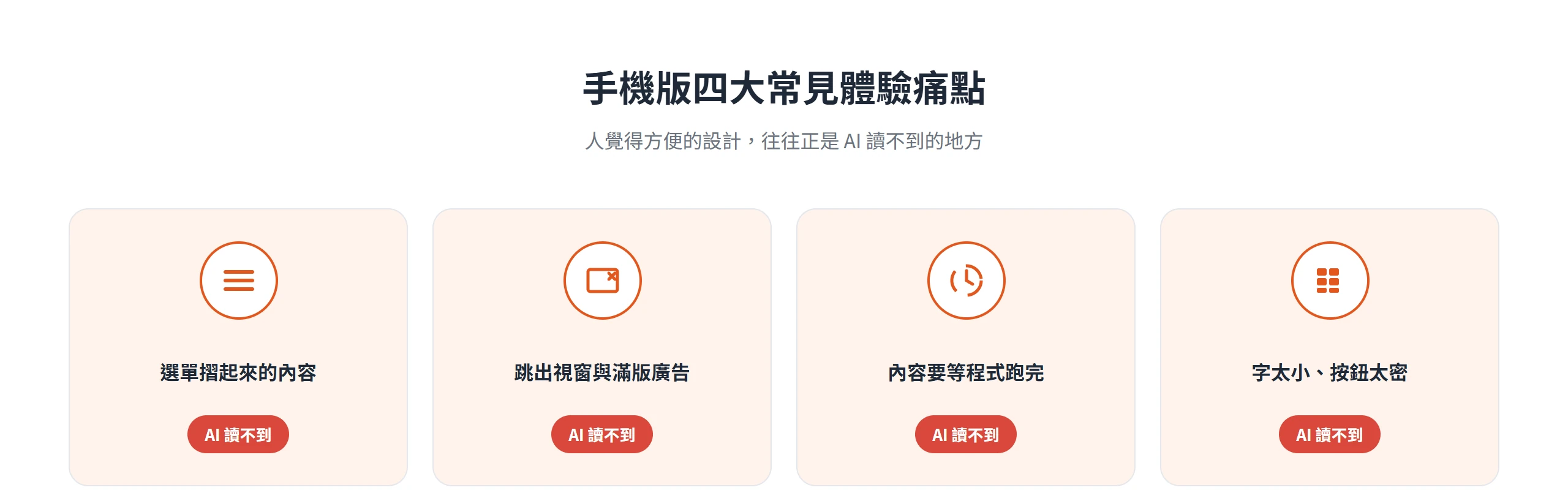 手機版四大常見體驗痛點:摺疊選單、跳出視窗、動態載入、字太小按鈕太密,都會讓內容在 AI 眼前消失