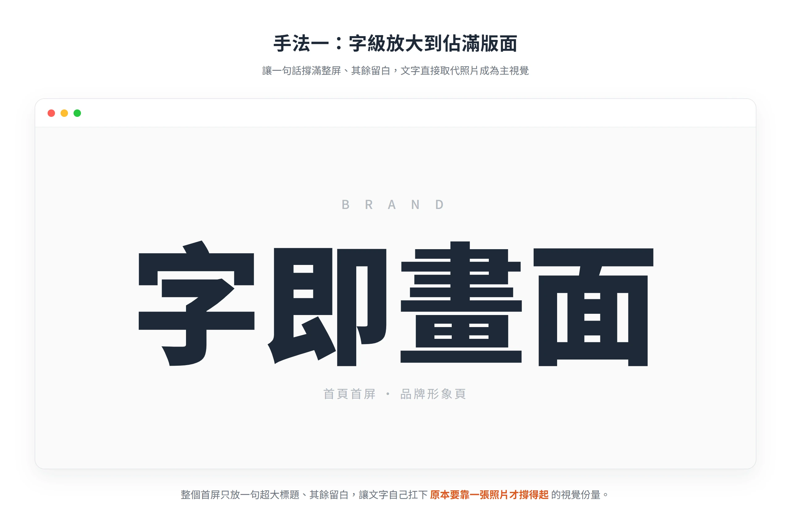 仿瀏覽器視窗裡只放一句超大標題「字即畫面」、四周大量留白,示範字級放大到佔滿版面時文字如何直接取代照片成為主視覺