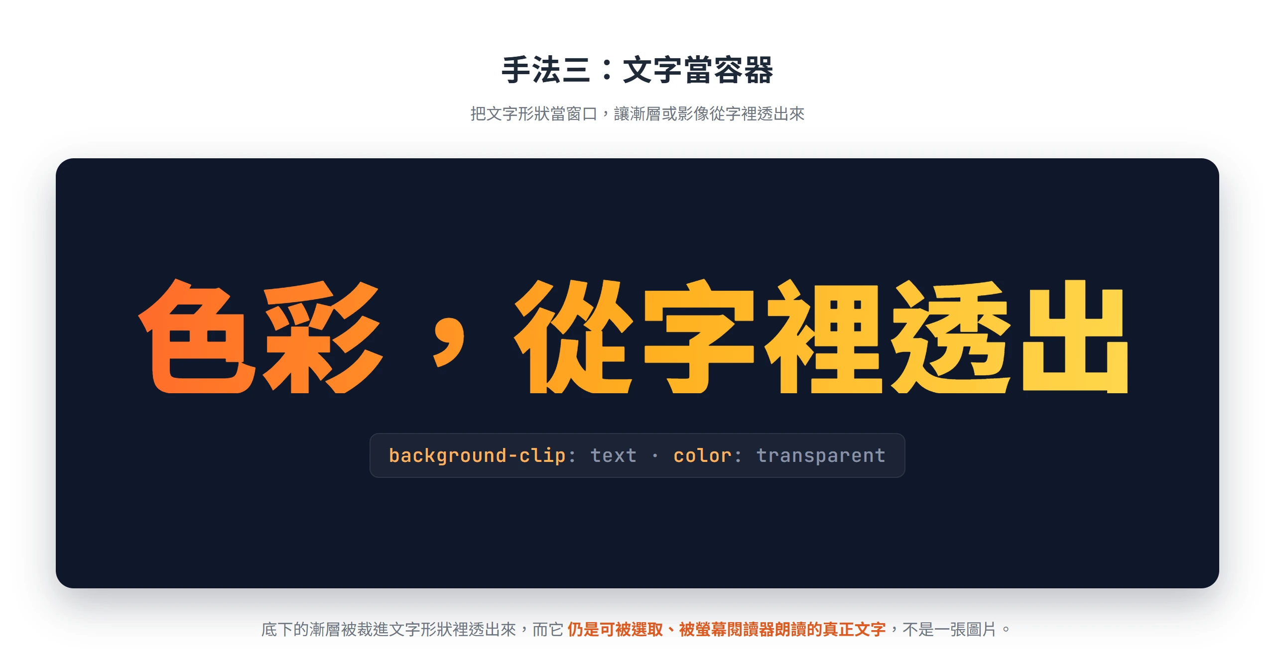 深色底上一句大字用 background-clip 讓橘金漸層從字的形狀裡透出,示範把文字當容器、而它仍是可被選取與朗讀的真正文字