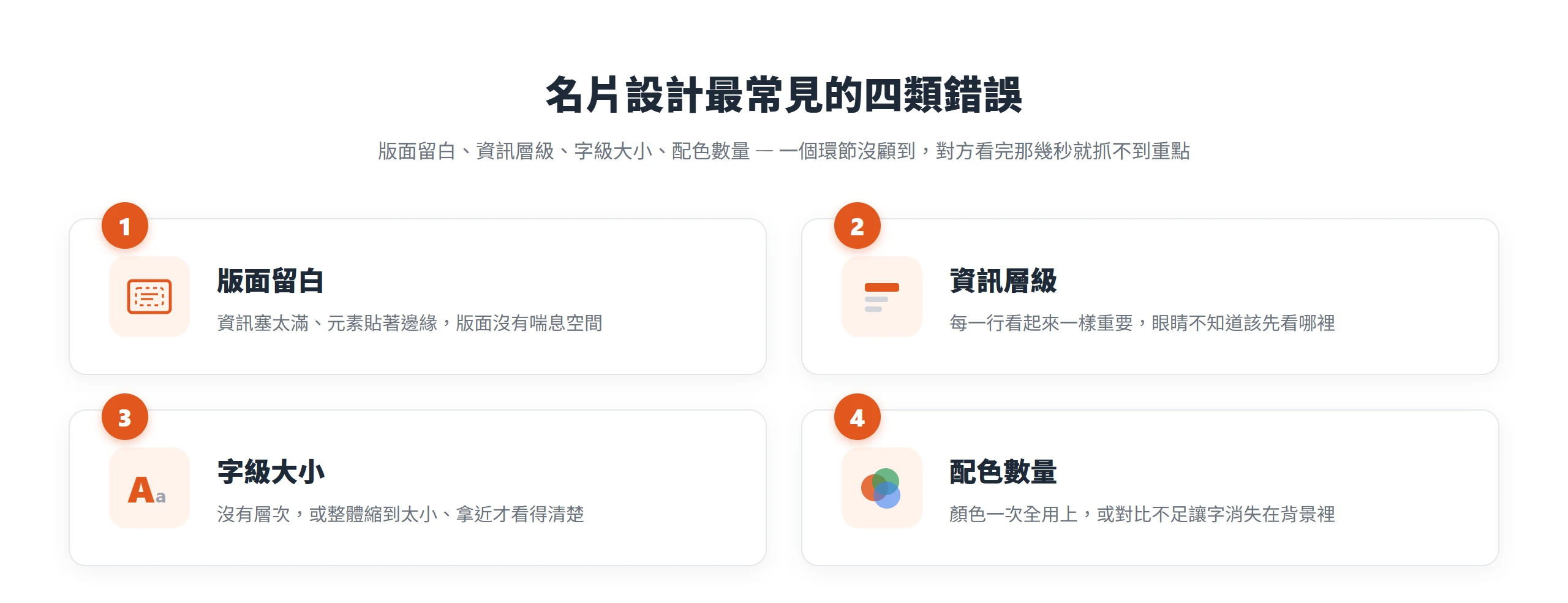 把名片設計常見錯誤拆成版面留白、資訊層級、字級大小、配色數量四個環節,一個沒顧好對方就記不住你