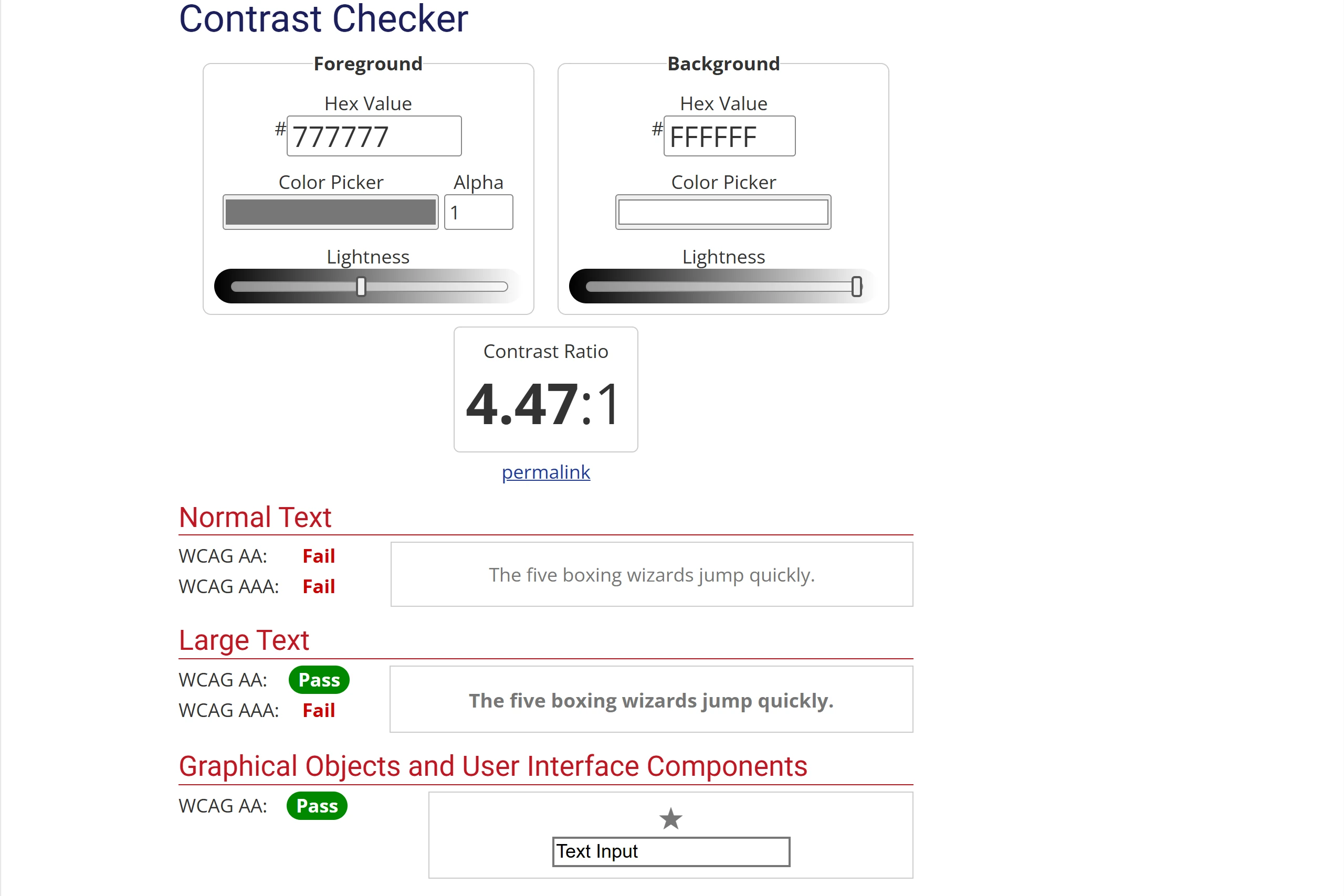 WebAIM Contrast Checker 顯示 #777777 配白底對比度 4.47:1,一般文字 AA、AAA 都判定不合格
