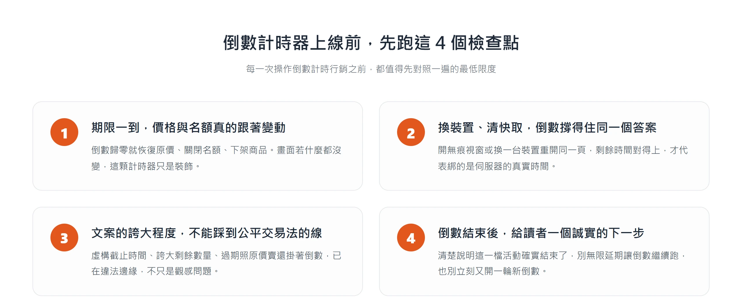 倒數計時器上線前的四個檢查點:期限真的變動、換裝置答案一致、文案不踩公平交易法、結束給誠實下一步