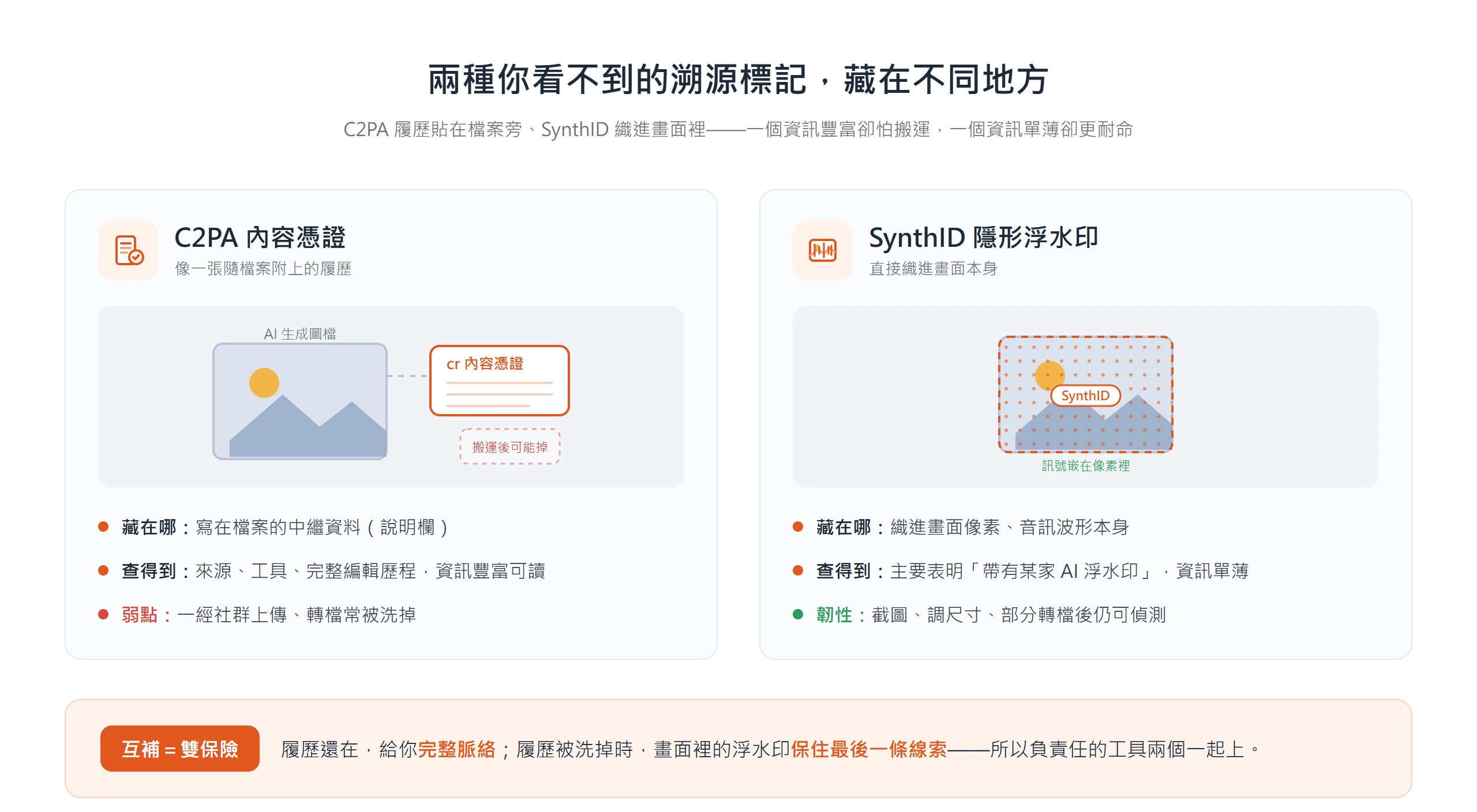 C2PA 內容憑證寫在檔案中繼資料、資訊完整卻一搬運就掉,SynthID 隱形浮水印織進畫面像素、截圖轉檔仍可偵測,兩者互補才是雙保險。