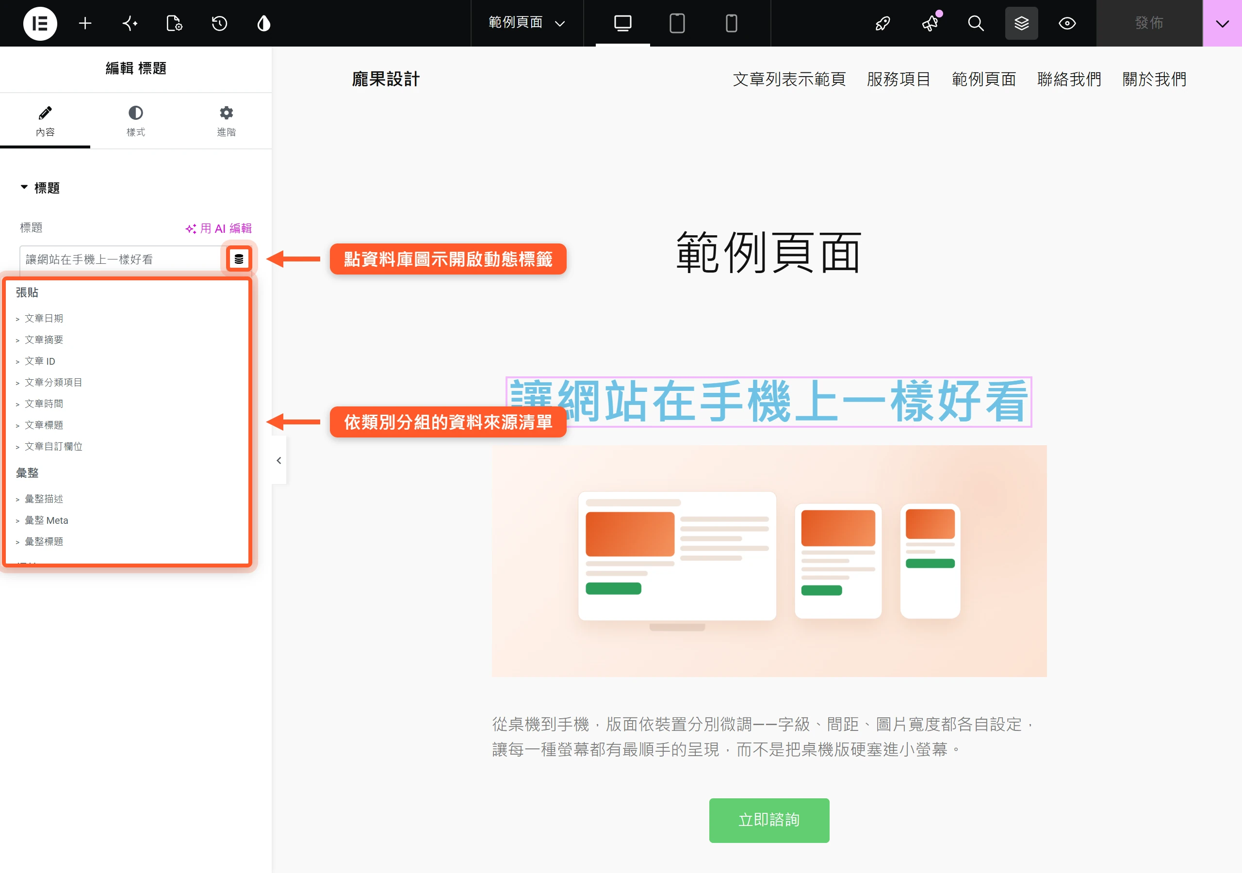 點編輯器欄位旁的資料庫圖示,跳出依張貼、彙整等類別分組的動態標籤來源清單