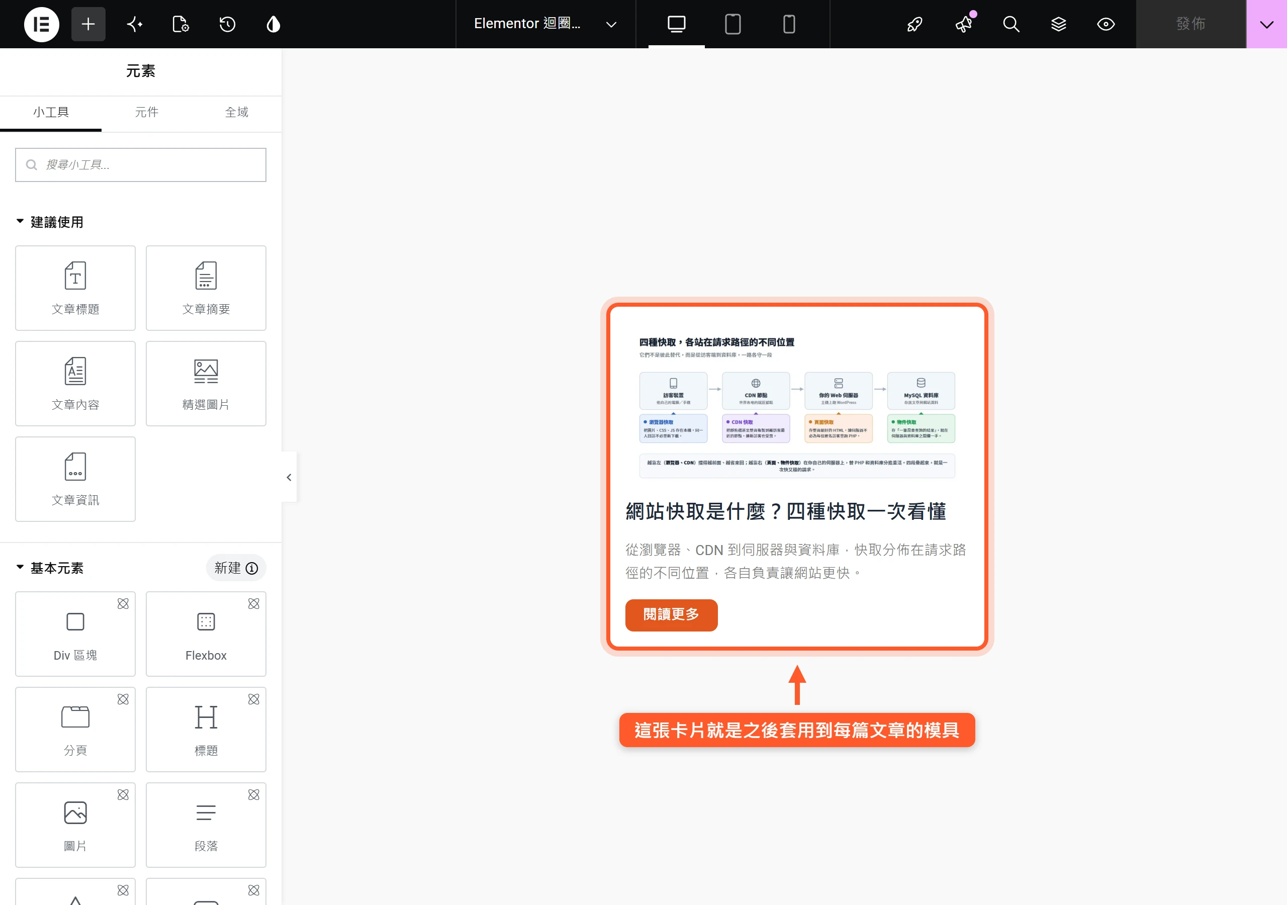 在迴圈項目範本編輯器裡,用精選圖片、標題、摘要與按鈕排出一張文章卡片模具