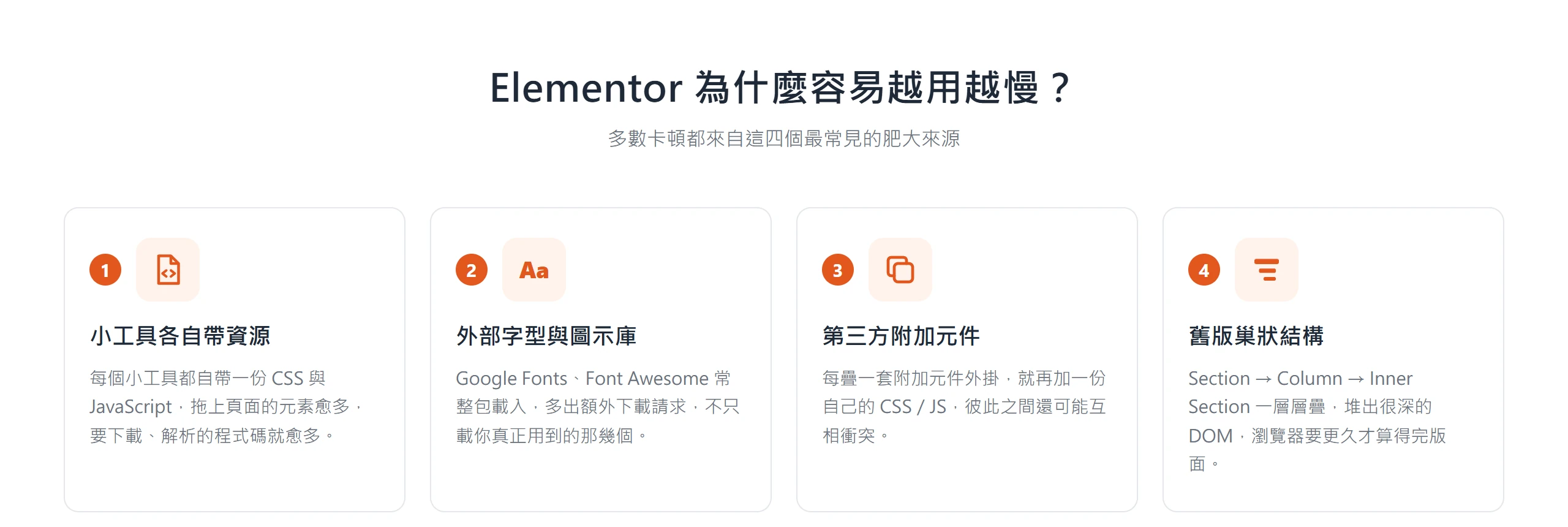 把 Elementor 容易變慢的原因拆成四個肥大來源：小工具資源、外部字型圖示、第三方附加元件、舊版巢狀結構。