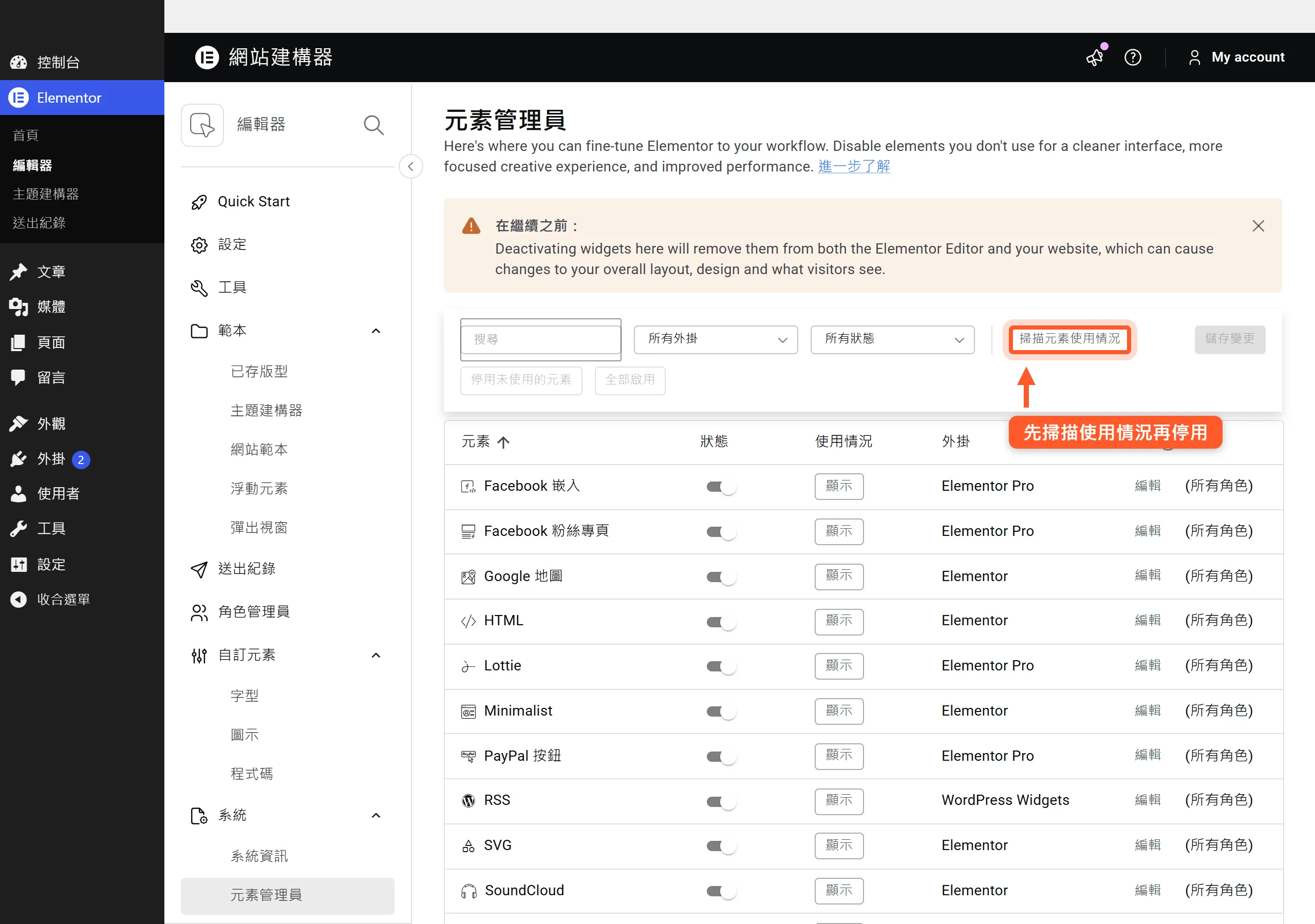 Elementor 元素管理員列出各外掛提供的小工具，可先掃描使用情況再停用沒在用的。
