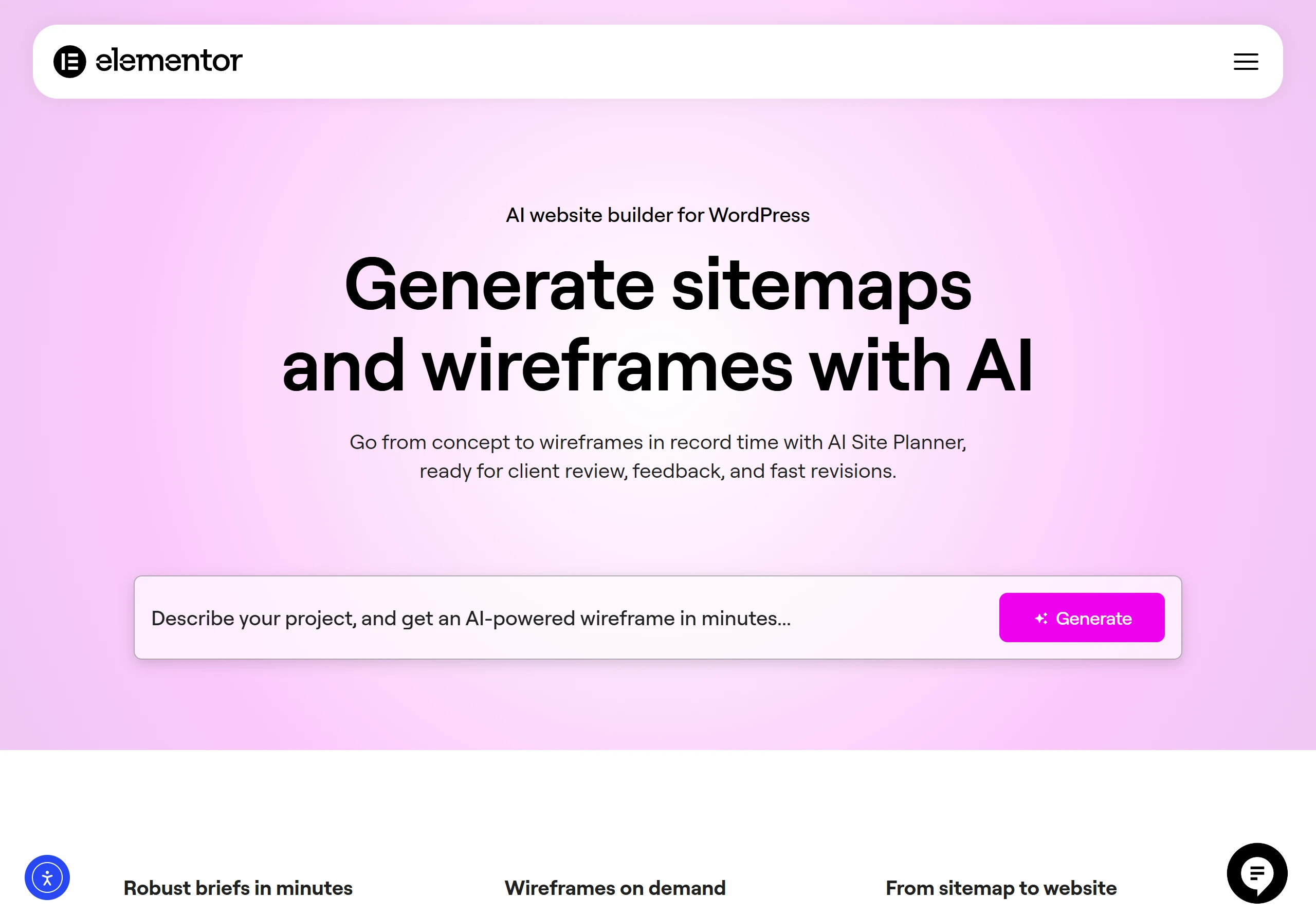 Elementor AI Site Planner 用對話描述專案,就能生成網站的 sitemap 與線框稿草案