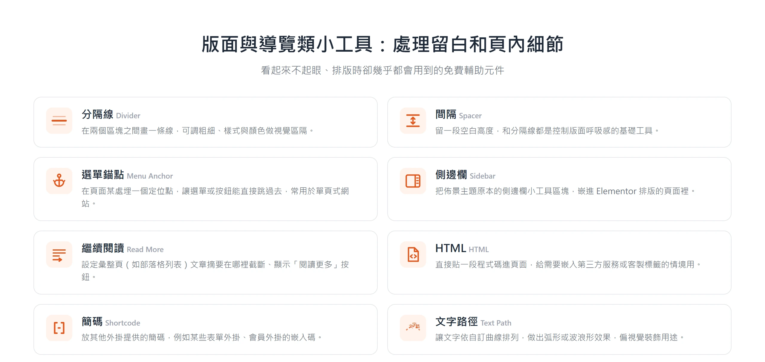 Elementor 版面與導覽類小工具,包含分隔線、間隔、選單錨點、側邊欄、繼續閱讀、HTML、簡碼與文字路徑等排版輔助元件