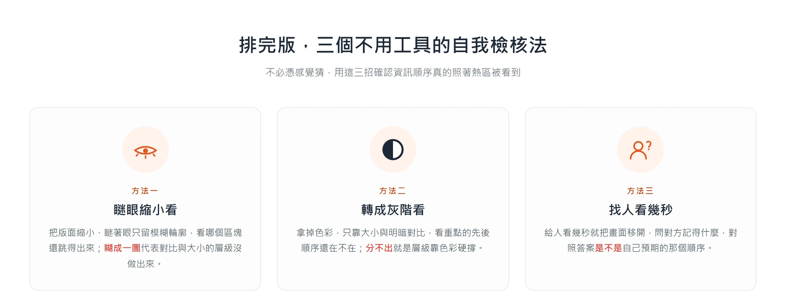 用瞇眼縮小、轉灰階、找人看幾秒三招,檢查資訊順序有沒有照熱區被看到