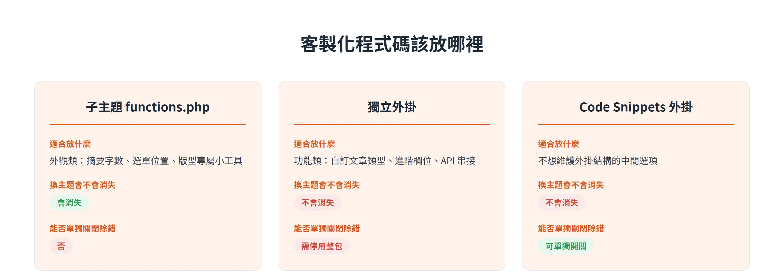 子主題 functions.php 放外觀類、換主題會消失且不能單獨關;獨立外掛與 Code Snippets 放功能類、換主題不會消失,Code Snippets 還能單獨開關除錯