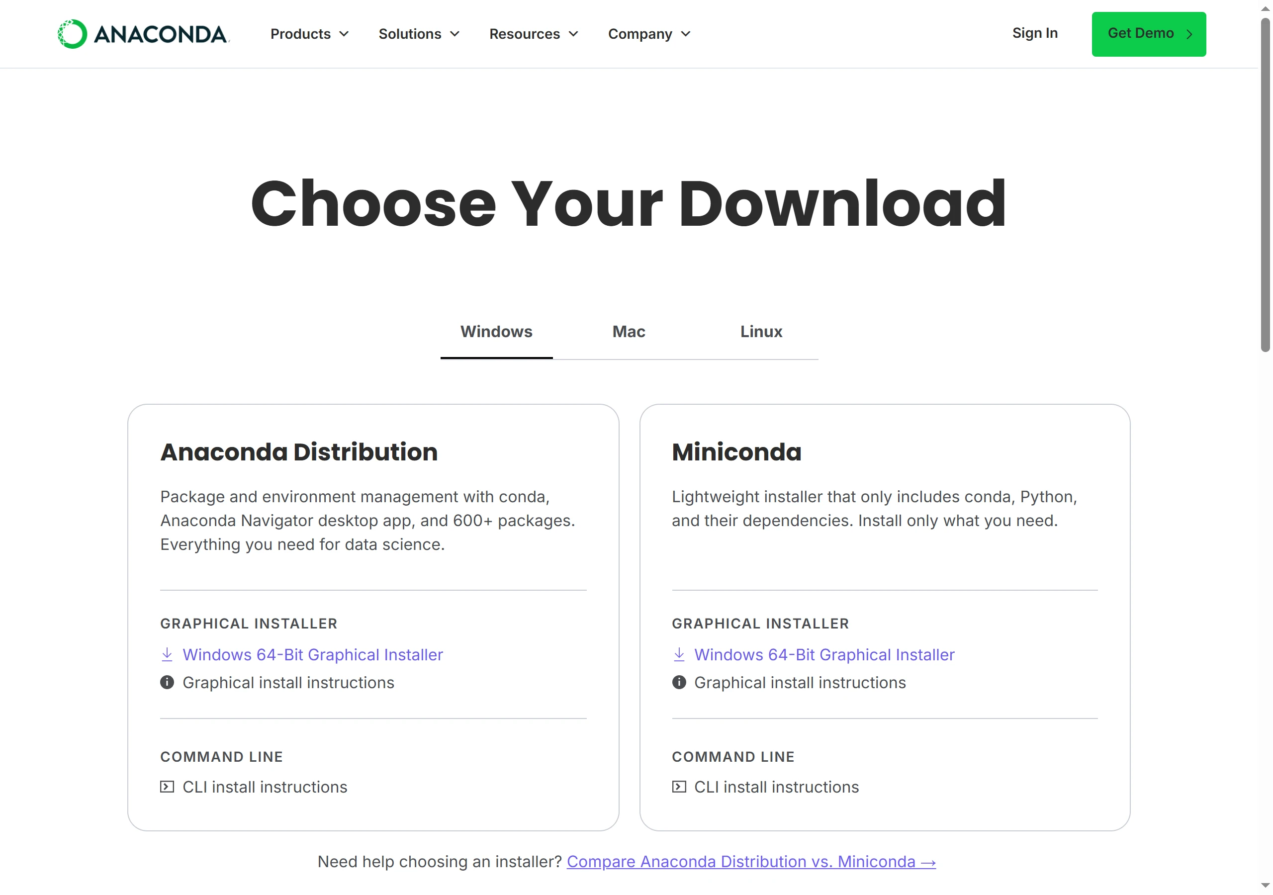 Anaconda 官網的下載頁面,依 Windows、Mac、Linux 分頁提供 Anaconda Distribution 與 Miniconda 的圖形化與命令列安裝程式。