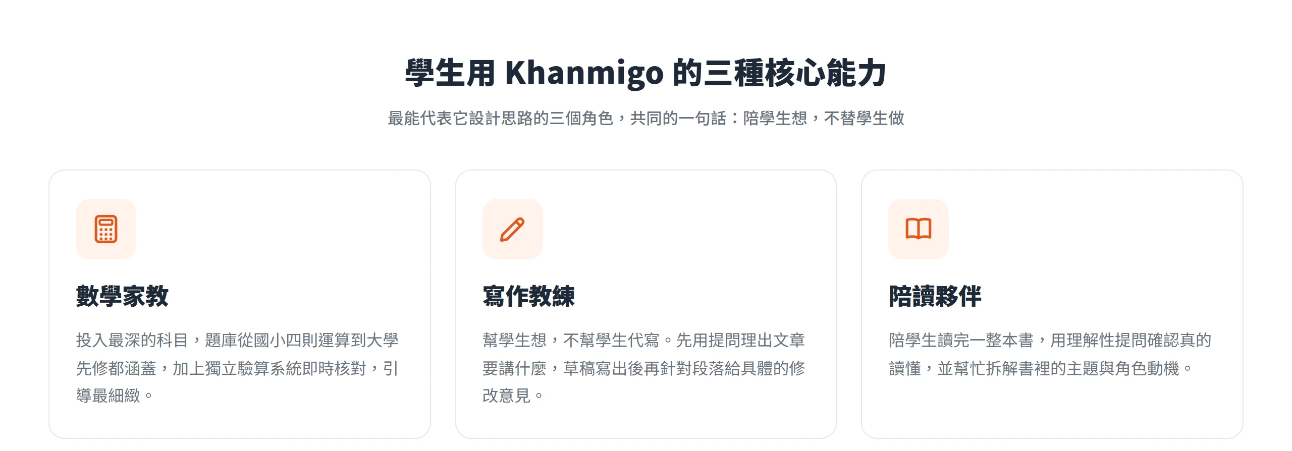 Khanmigo 給學生的三種核心能力:數學家教即時驗算、寫作教練幫想不代寫、陪讀夥伴陪學生讀完一整本書
