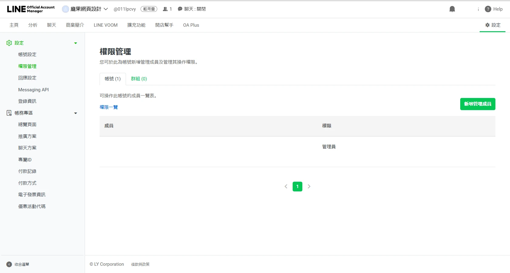 LINE 官方帳號的權限管理頁面,列出可操作帳號的管理成員與其權限,可新增管理成員。