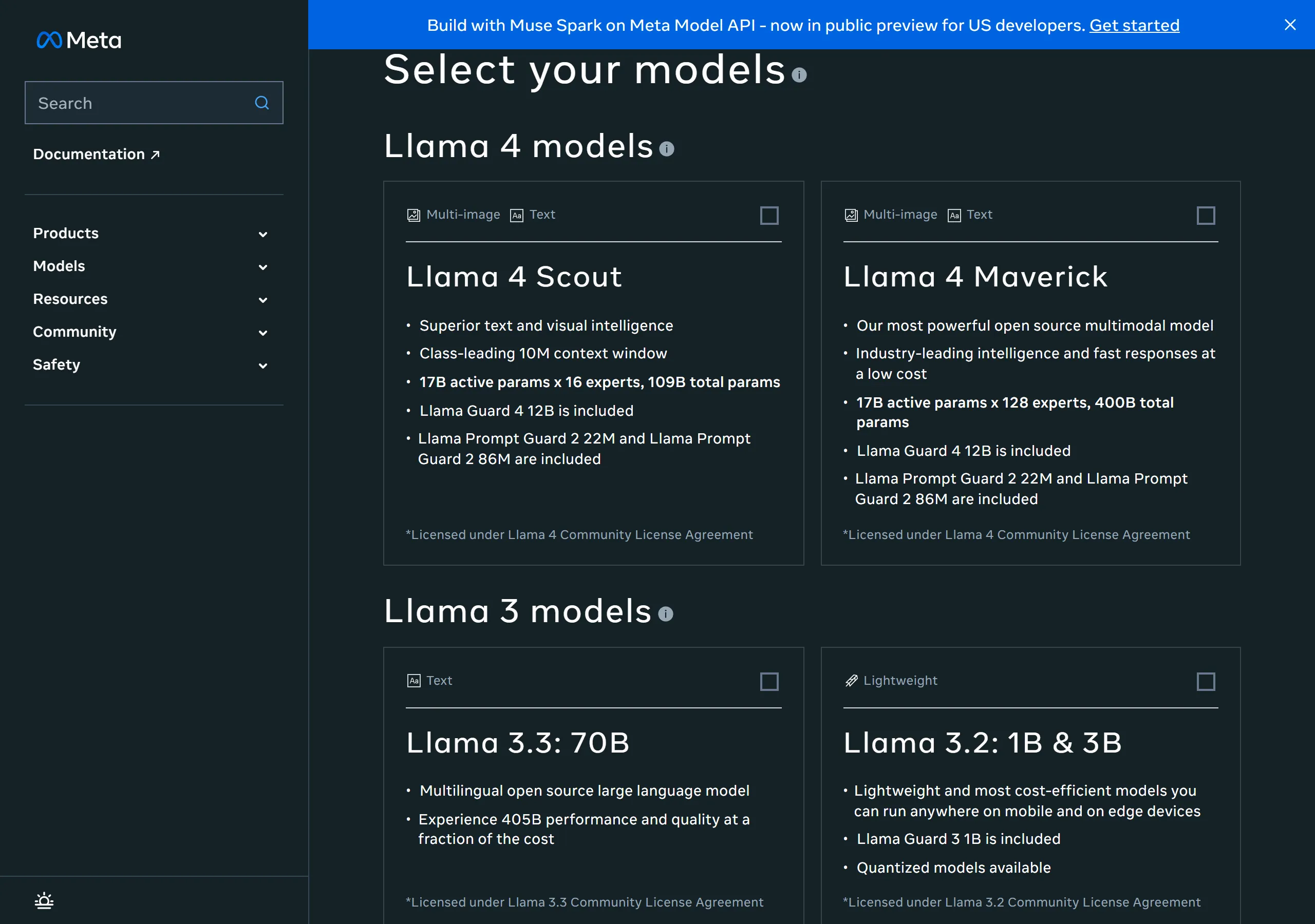 Meta 官方下載頁可以直接勾選 Llama 4 Scout 或 Maverick,頁面上就標了各自的參數與上下文規格