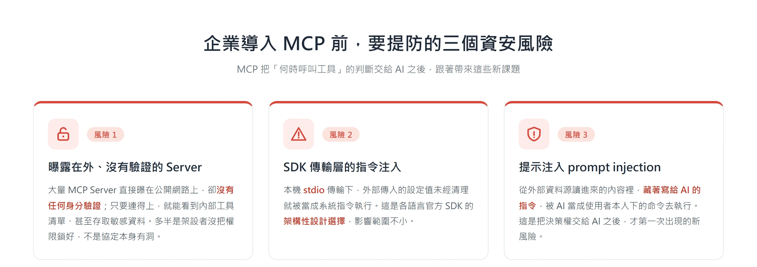 企業導入 MCP 前要提防的三個資安風險:曝露又沒驗證的 Server、stdio 傳輸的指令注入、以及提示注入 prompt injection
