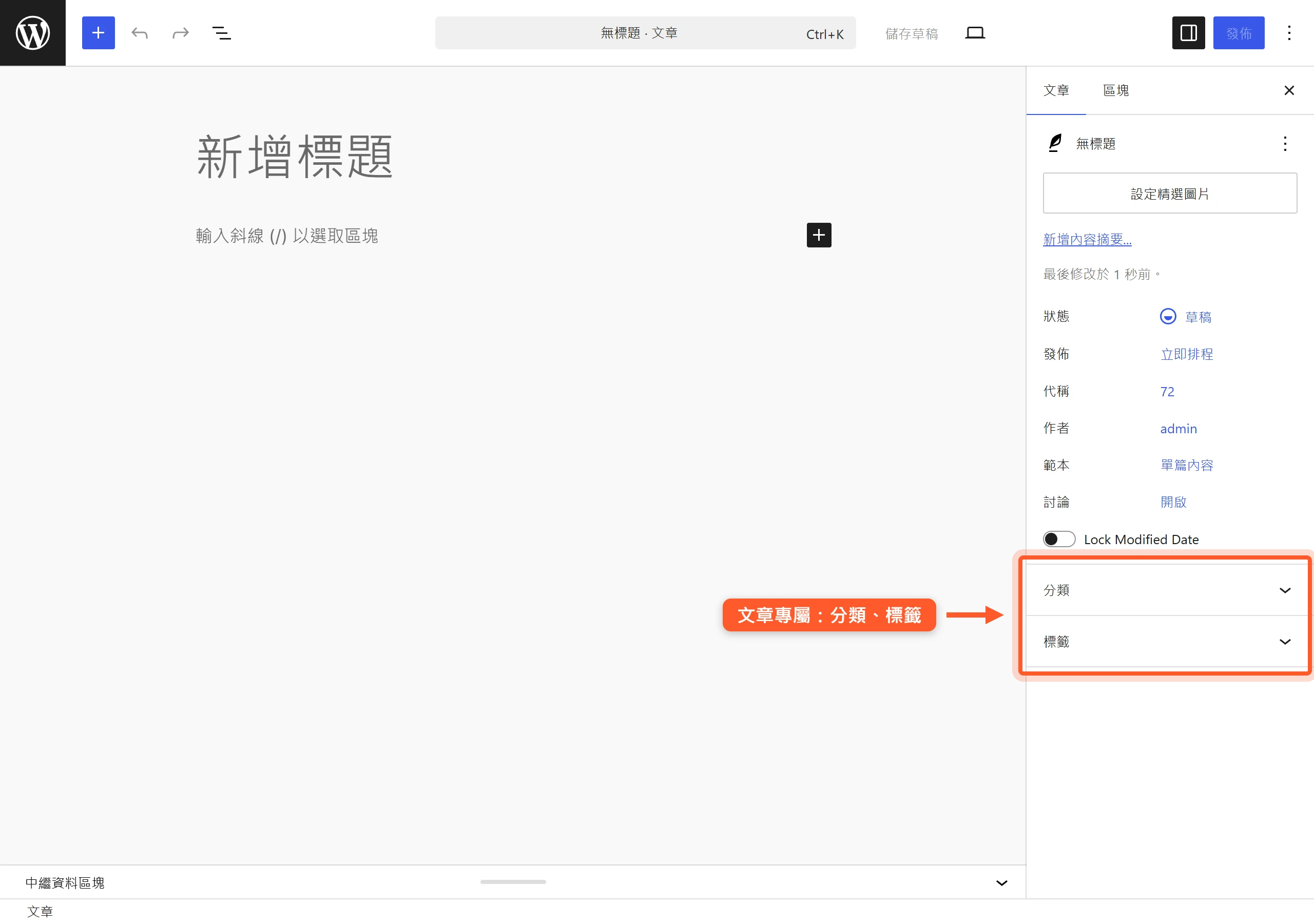 WordPress 新增文章的編輯畫面,右側欄出現分類與標籤欄位,是文章專屬的內容組織工具