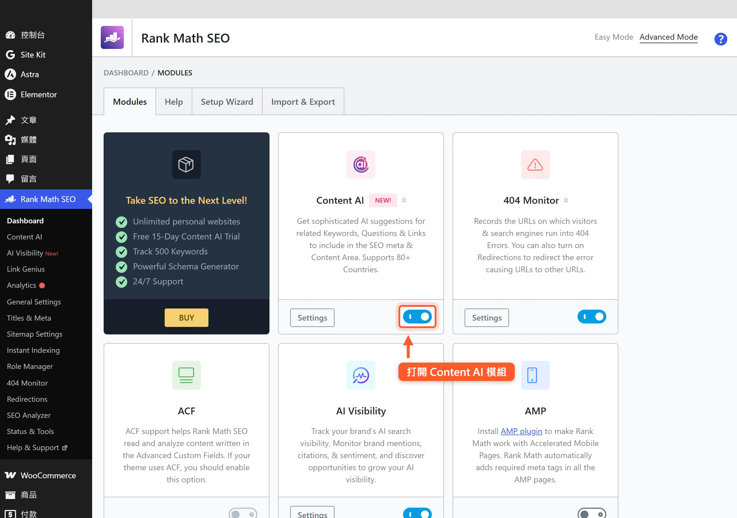 在 Rank Math 儀表板的 Modules 分頁把 Content AI 模組開關打開才會出現面板