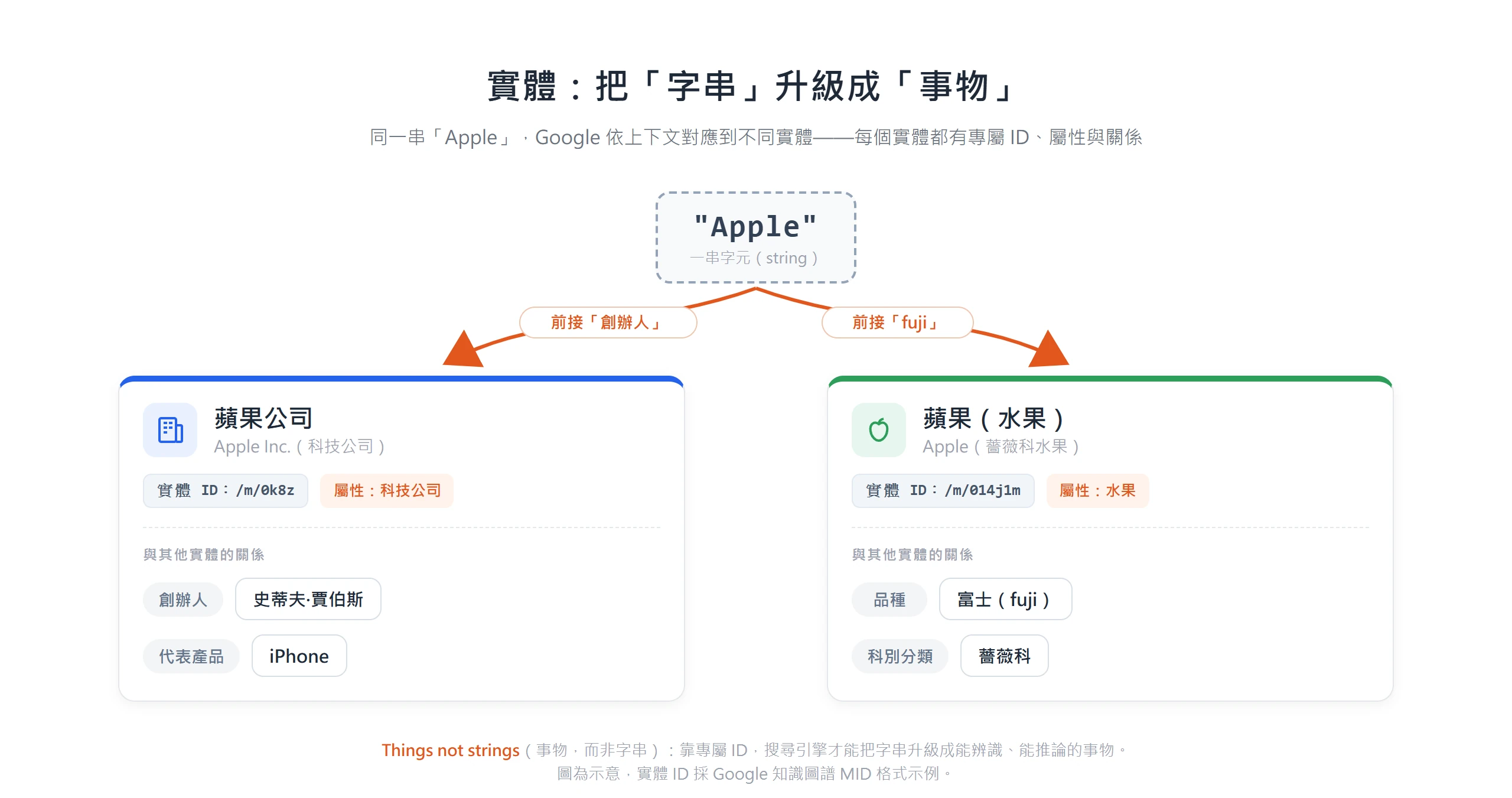 字串「Apple」依上下文對應到蘋果公司或蘋果水果兩個實體,各有專屬 ID、屬性與關係,說明實體如何把字串升級成事物。