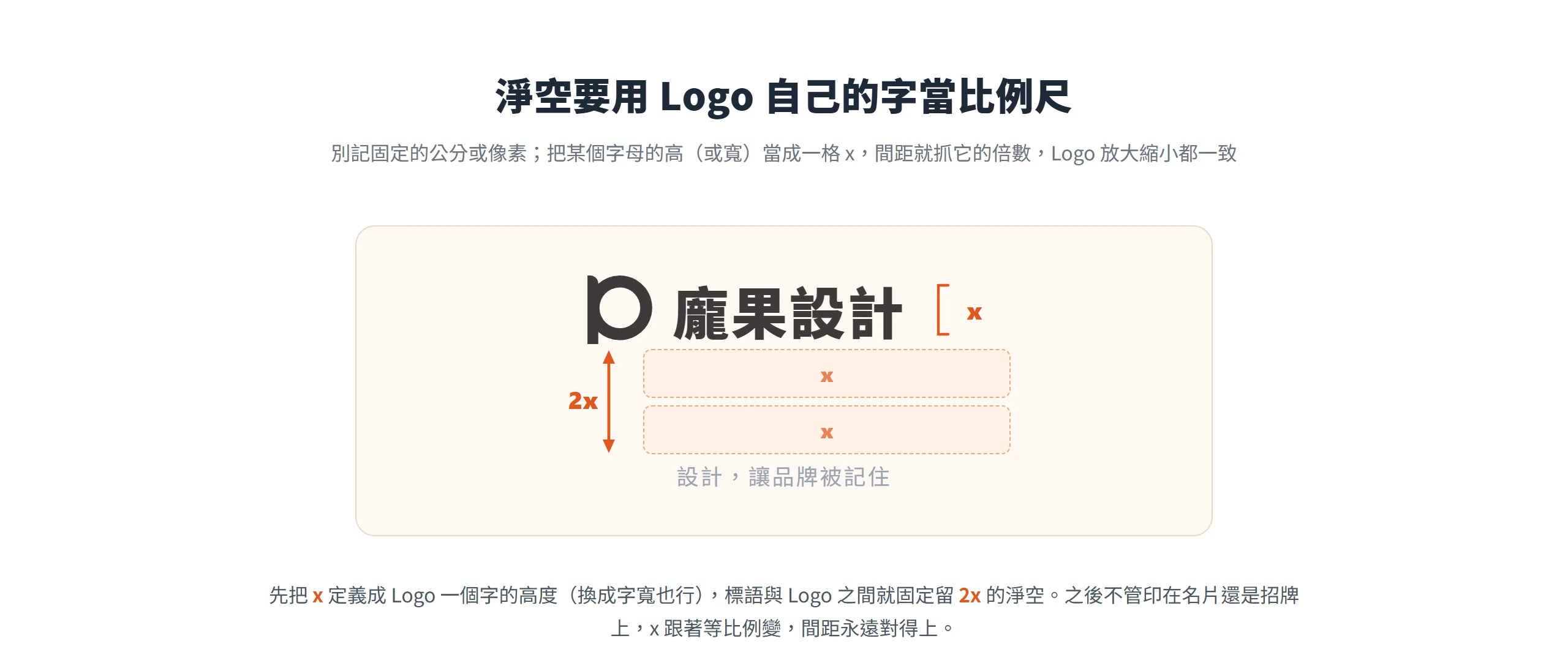 用 Logo 自己一個字母的高度當比例尺,標語與 Logo 之間固定留兩倍字高的淨空