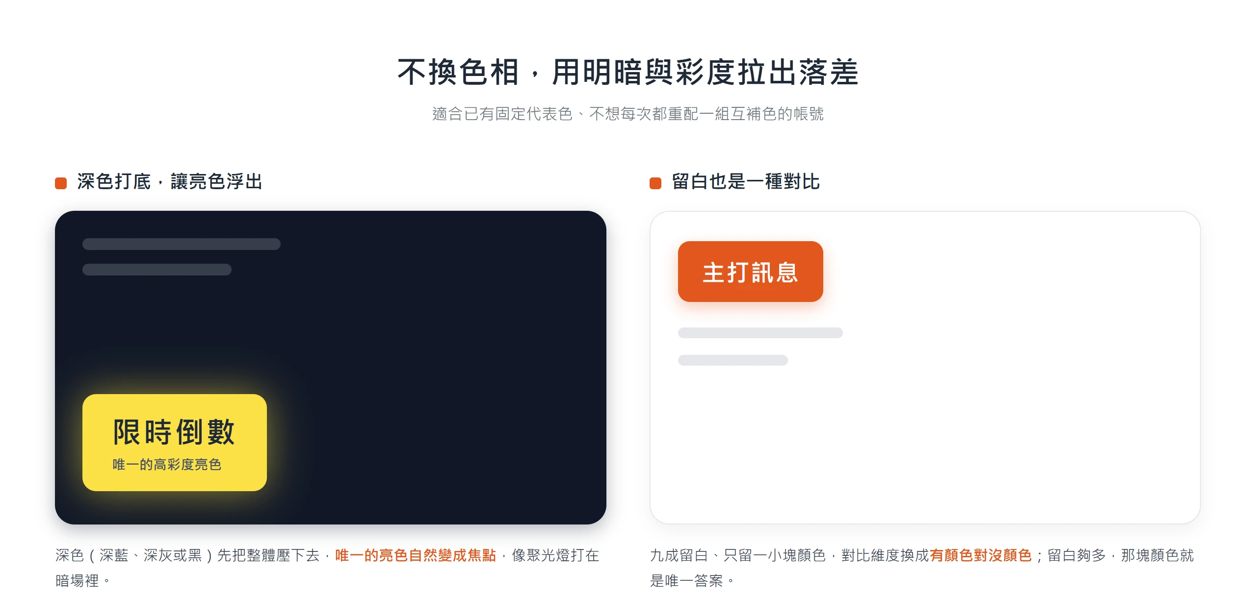社群圖配色不換色相也能跳色,深色背景襯出唯一亮色、或大量留白只留一小塊顏色,都靠明暗與彩度落差