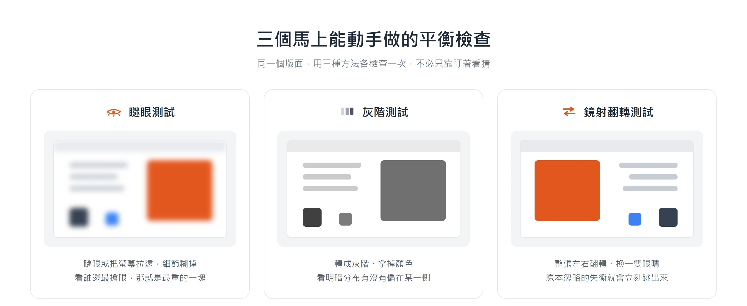 用同一個版面示範三個檢查視覺平衡的方法:瞇眼看剩下的大色塊、轉灰階看明暗分布、左右翻轉抓出看習慣的失衡盲點。