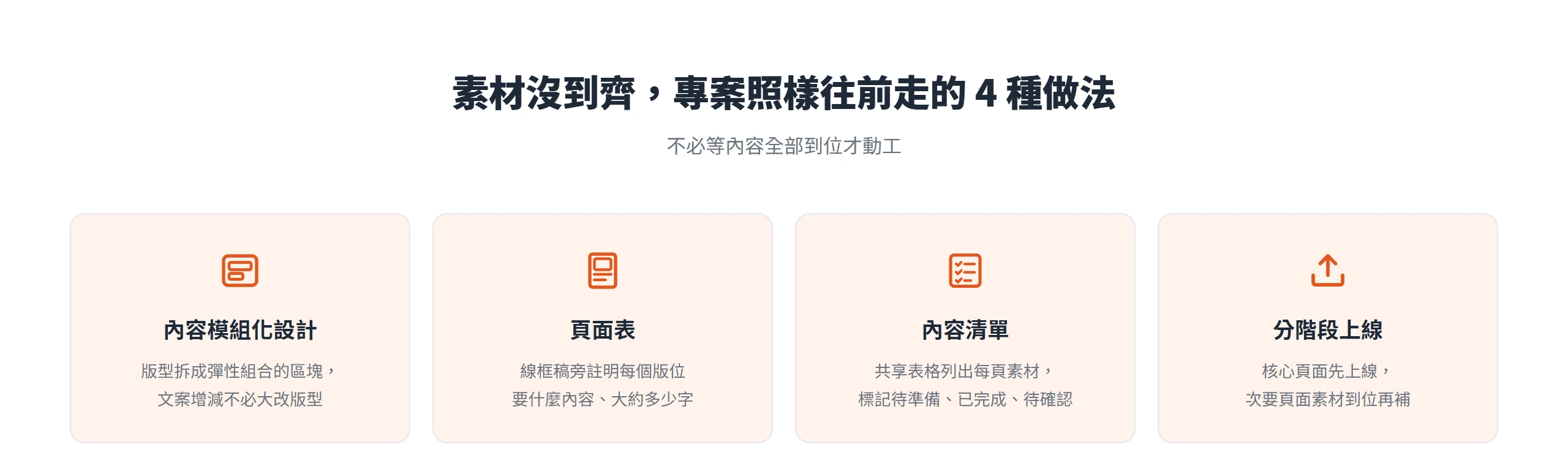 素材沒到齊時可用內容模組化、頁面表、內容清單與分階段上線讓網站專案繼續推進