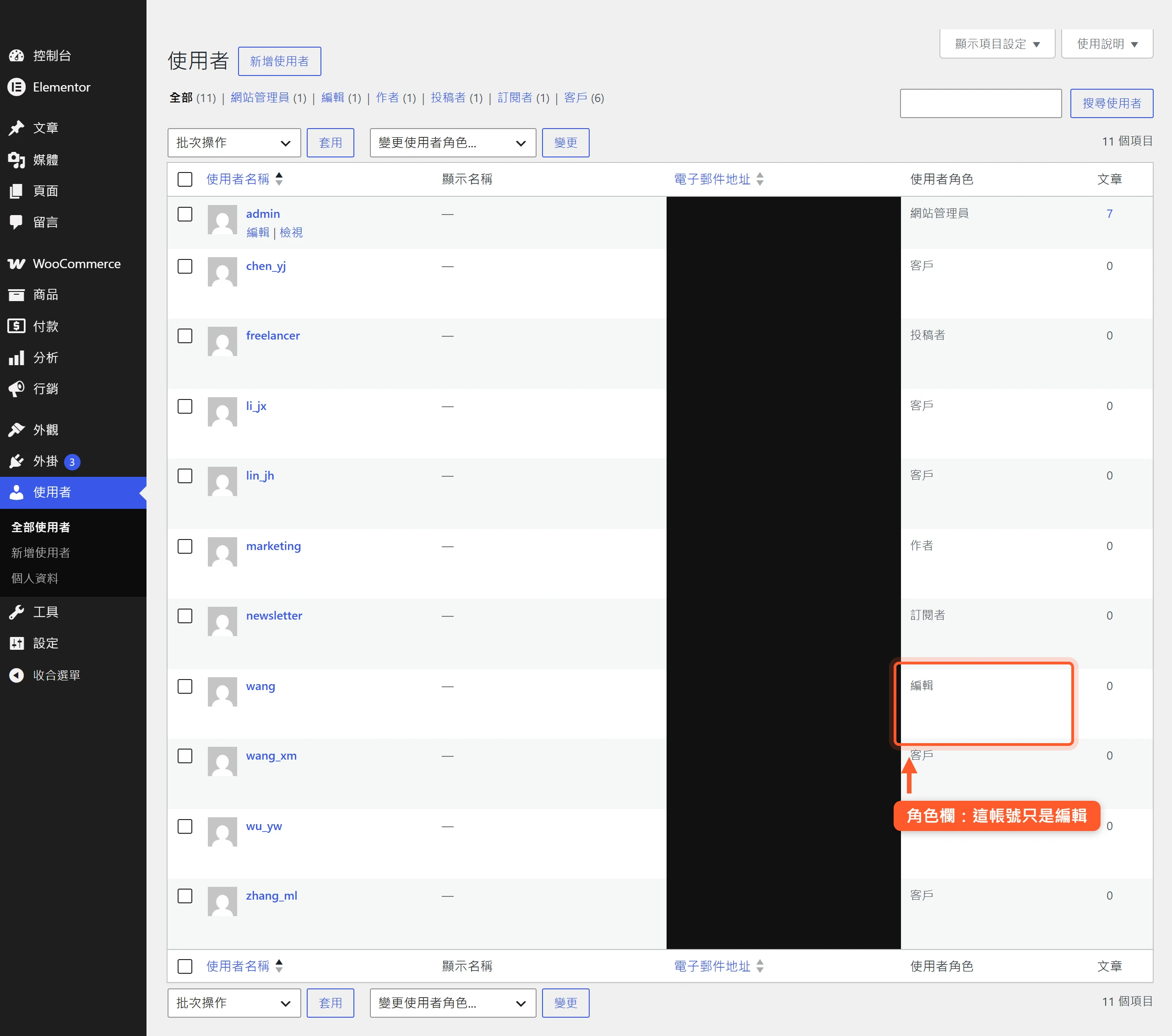 WordPress 後台使用者列表的角色欄清楚標示每個帳號的權限,圖中 wang 帳號只是編輯而非系統管理員。