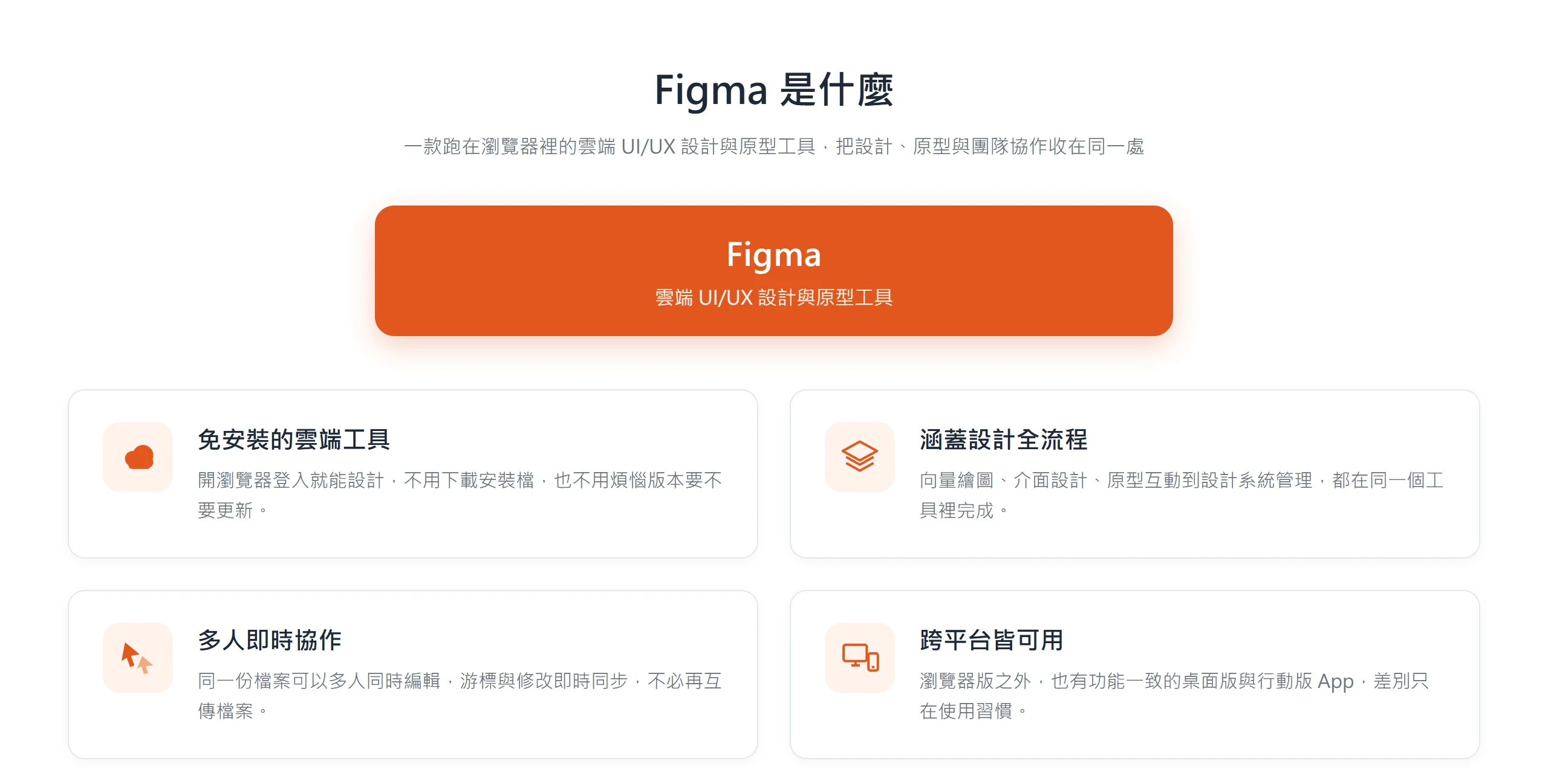 Figma 是一款免安裝的雲端 UI/UX 設計與原型工具,涵蓋設計全流程、支援多人即時協作,且跨平台皆可使用