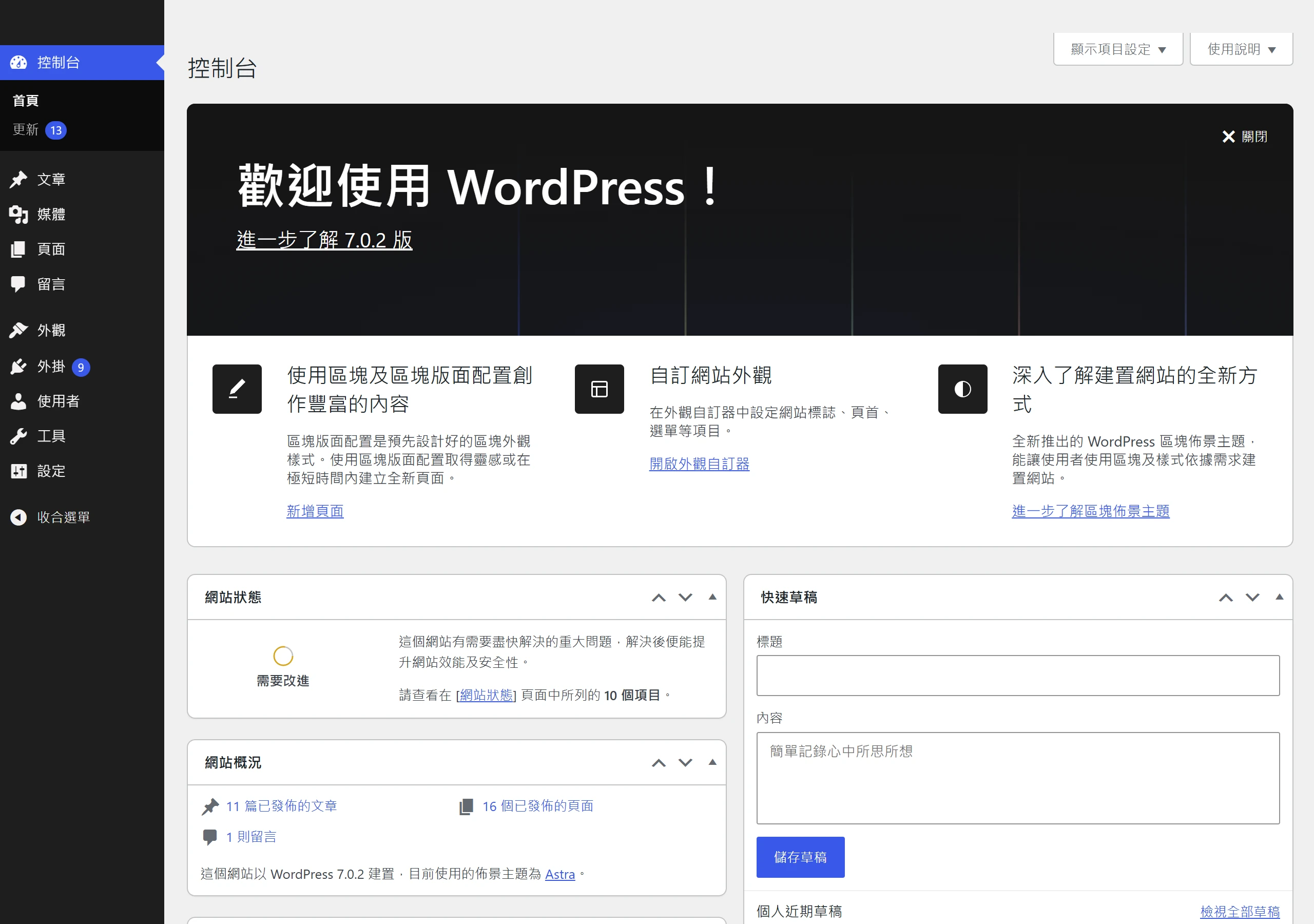WordPress 後台控制台畫面,左側選單可直接進入文章、媒體、頁面、留言與各項設定