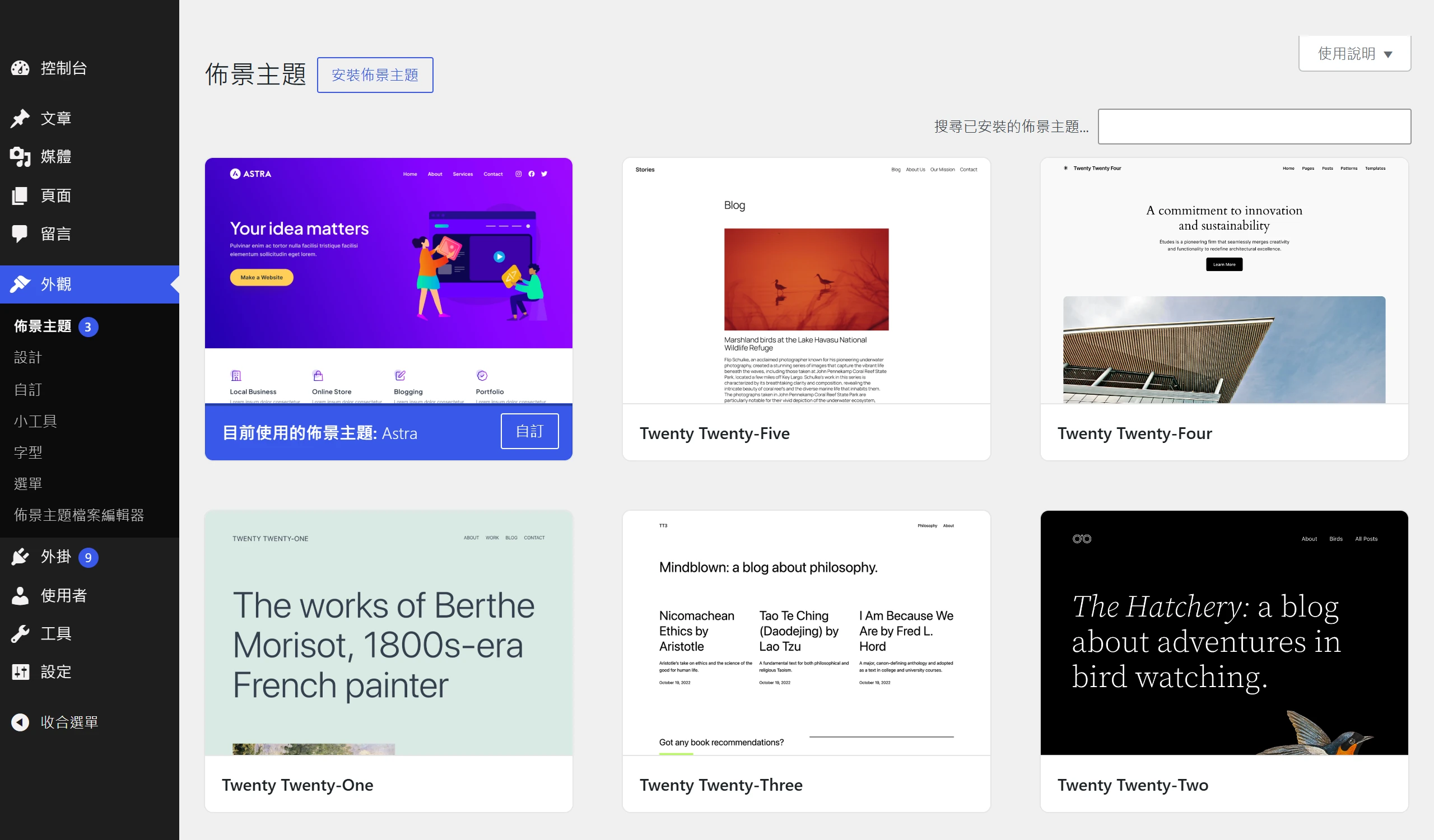 WordPress 後台的佈景主題頁面列出已安裝主題,並標示目前使用中的主題