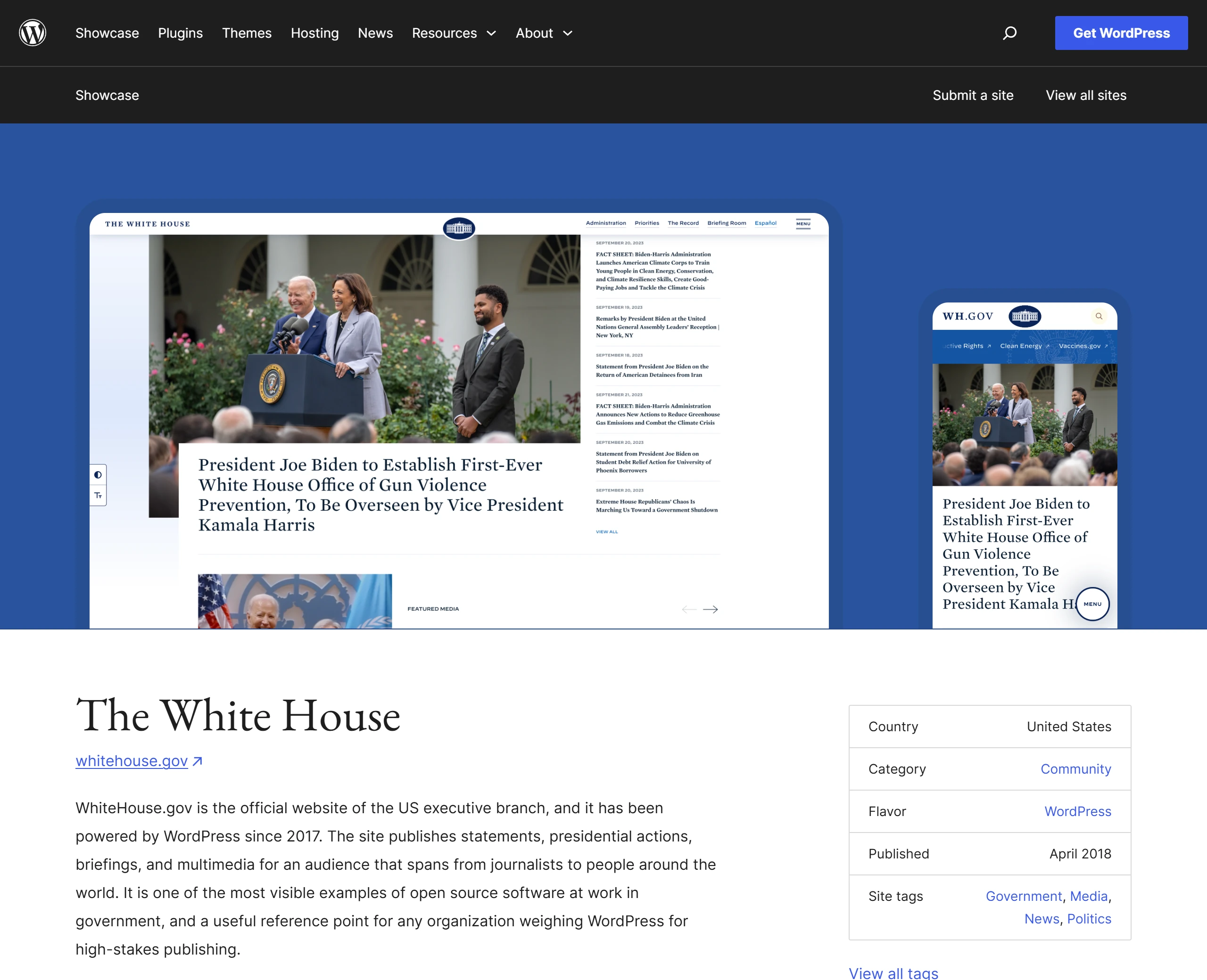 WordPress.org 官方展示案例頁列出美國白宮官網,說明該站自 2017 年起改由 WordPress 驅動