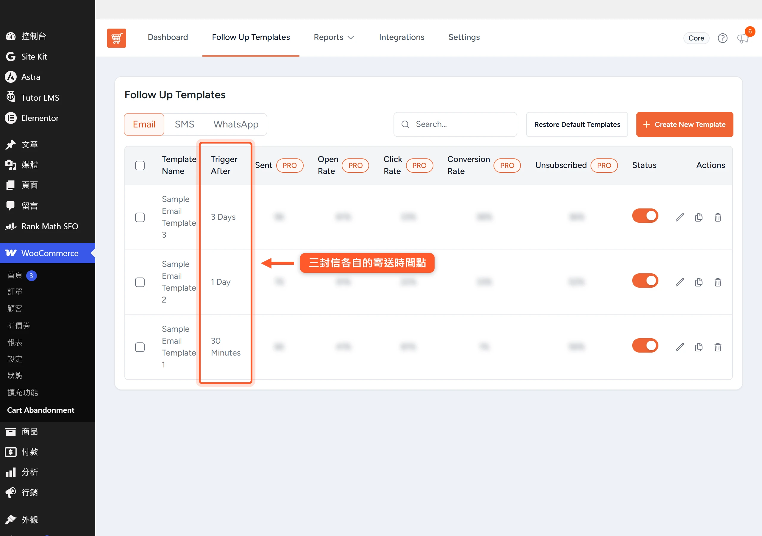 Follow Up Templates 列表的 Trigger After 欄位,三封挽回信分別設定為 30 Minutes、1 Day、3 Days,狀態都是啟用