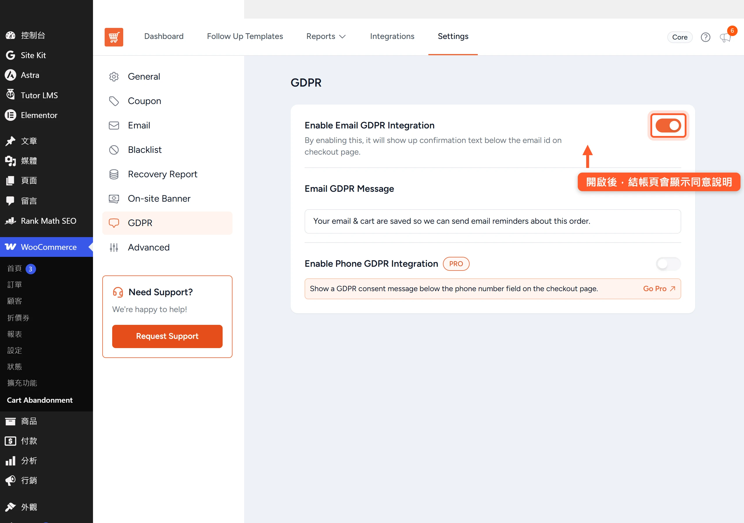 外掛的 GDPR 設定頁,Enable Email GDPR Integration 開關已開啟,下方是會顯示在結帳頁的同意說明文字