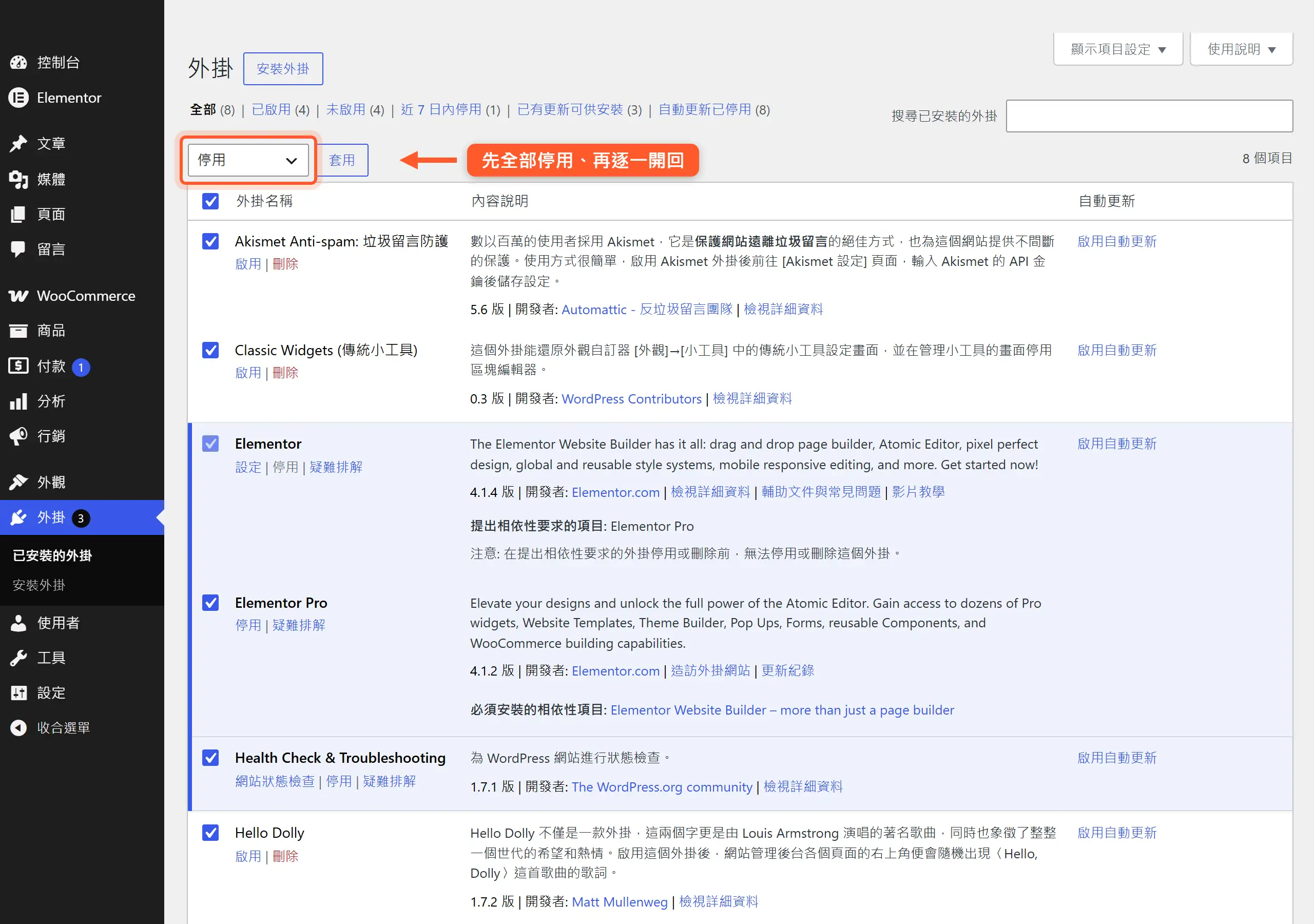 在 WordPress 外掛頁把全部外掛批次停用,再逐一啟用,找出造成 500 錯誤的那一個外掛