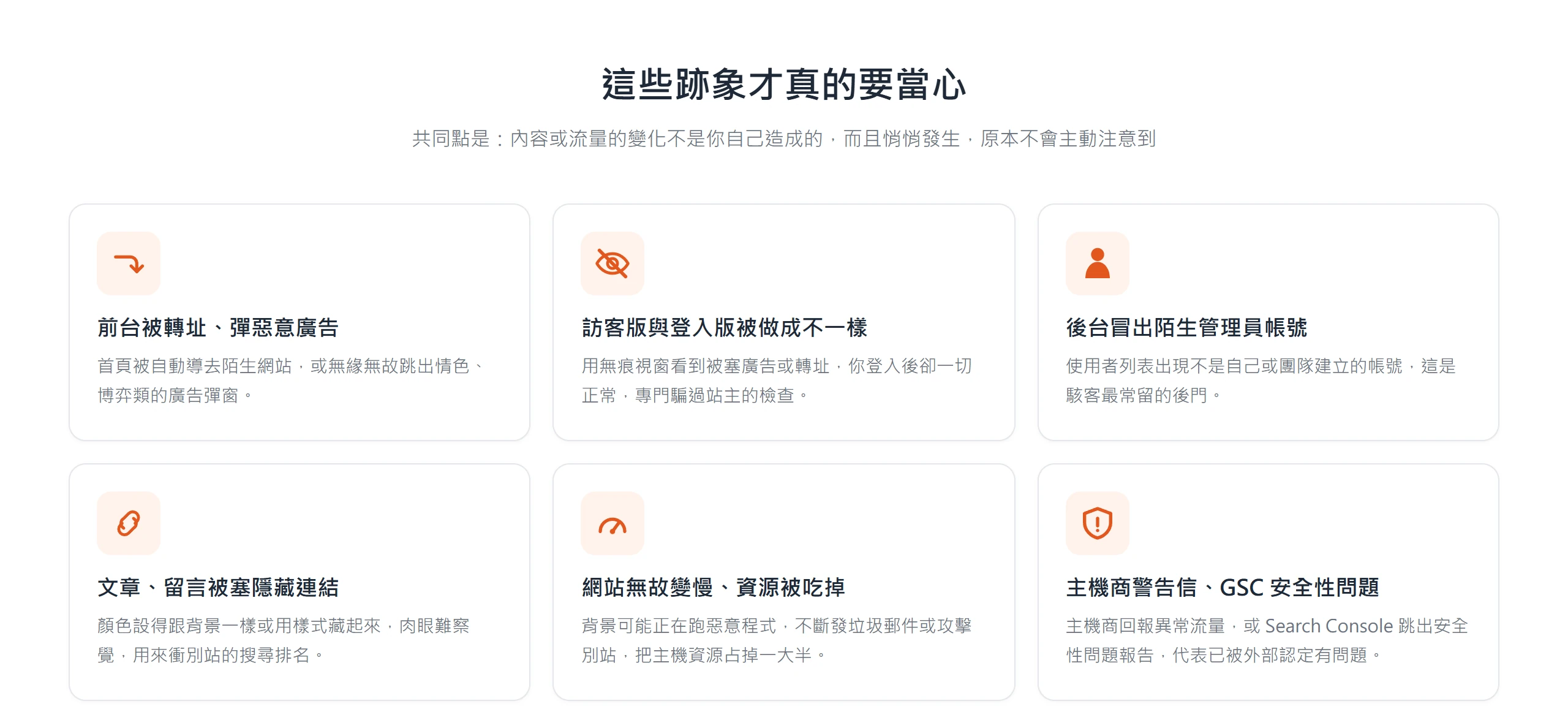 被駭六大跡象:前台被轉址彈廣告、訪客版與登入版不同、後台冒出陌生管理員、內容被塞隱藏連結、網站無故變慢、主機商與 GSC 警訊