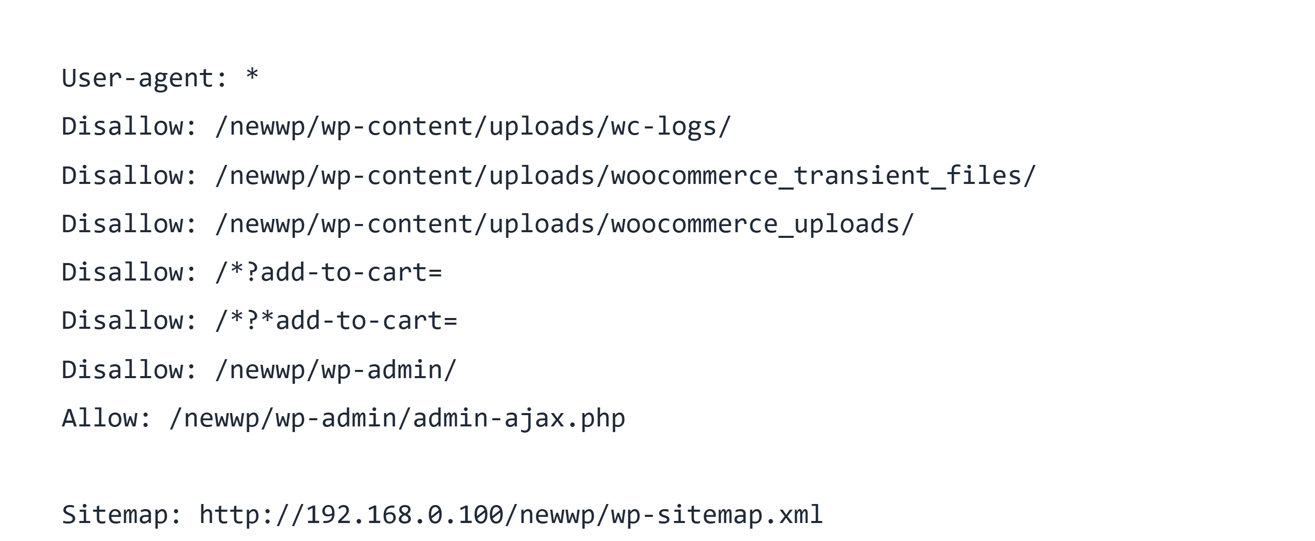 在瀏覽器打開 網域/robots.txt 看到的 WordPress 預設虛擬規則,擋掉 wp-admin 目錄、單獨放行 admin-ajax.php