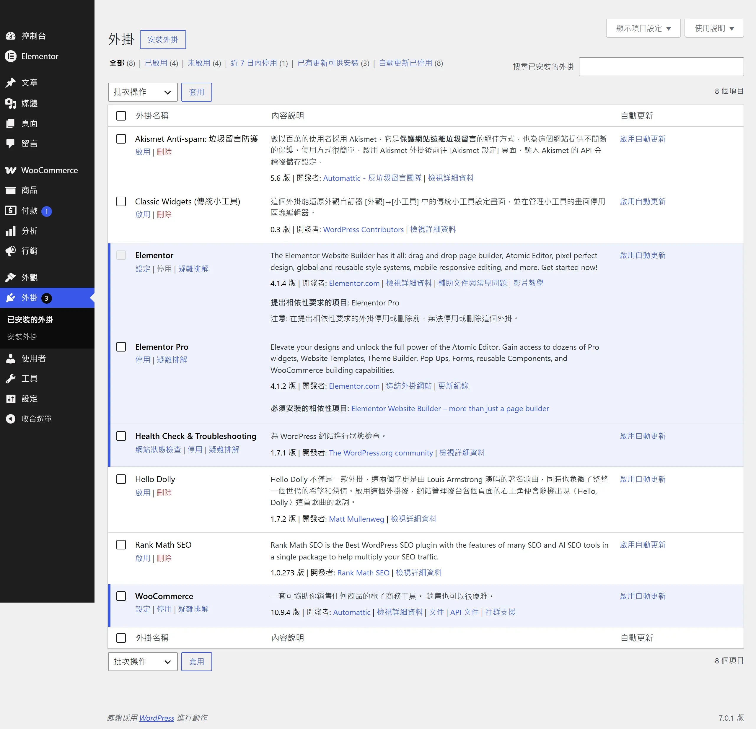 WordPress 後台已安裝外掛清單,每支外掛都有版本與自動更新設定,數量一多要盯的更新也變多