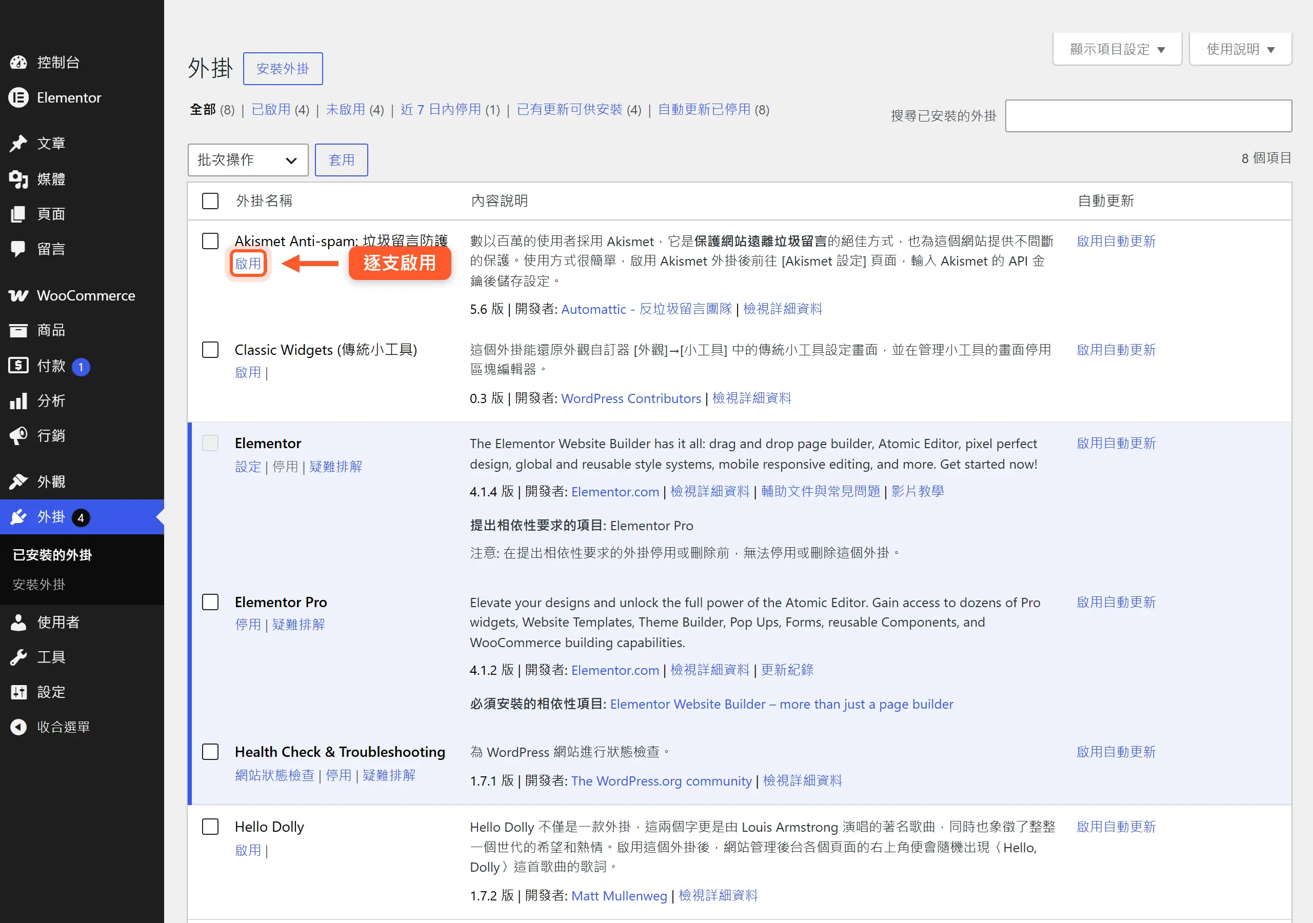 WordPress 後台外掛列表,未啟用的外掛會顯示「啟用」連結,可以一支一支手動啟用來找出問題外掛