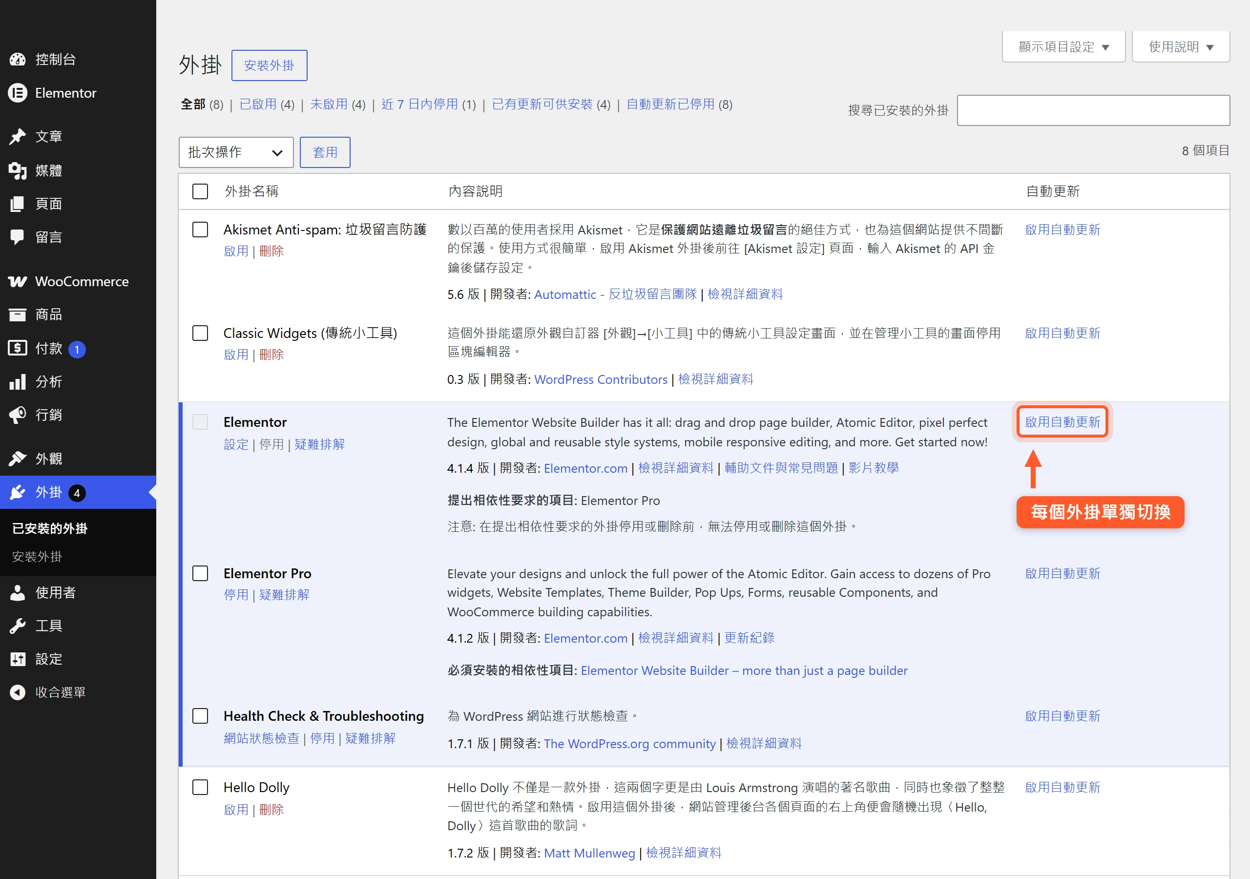 WordPress 後台外掛列表右側的自動更新欄,每個外掛都能單獨切換啟用或停用自動更新