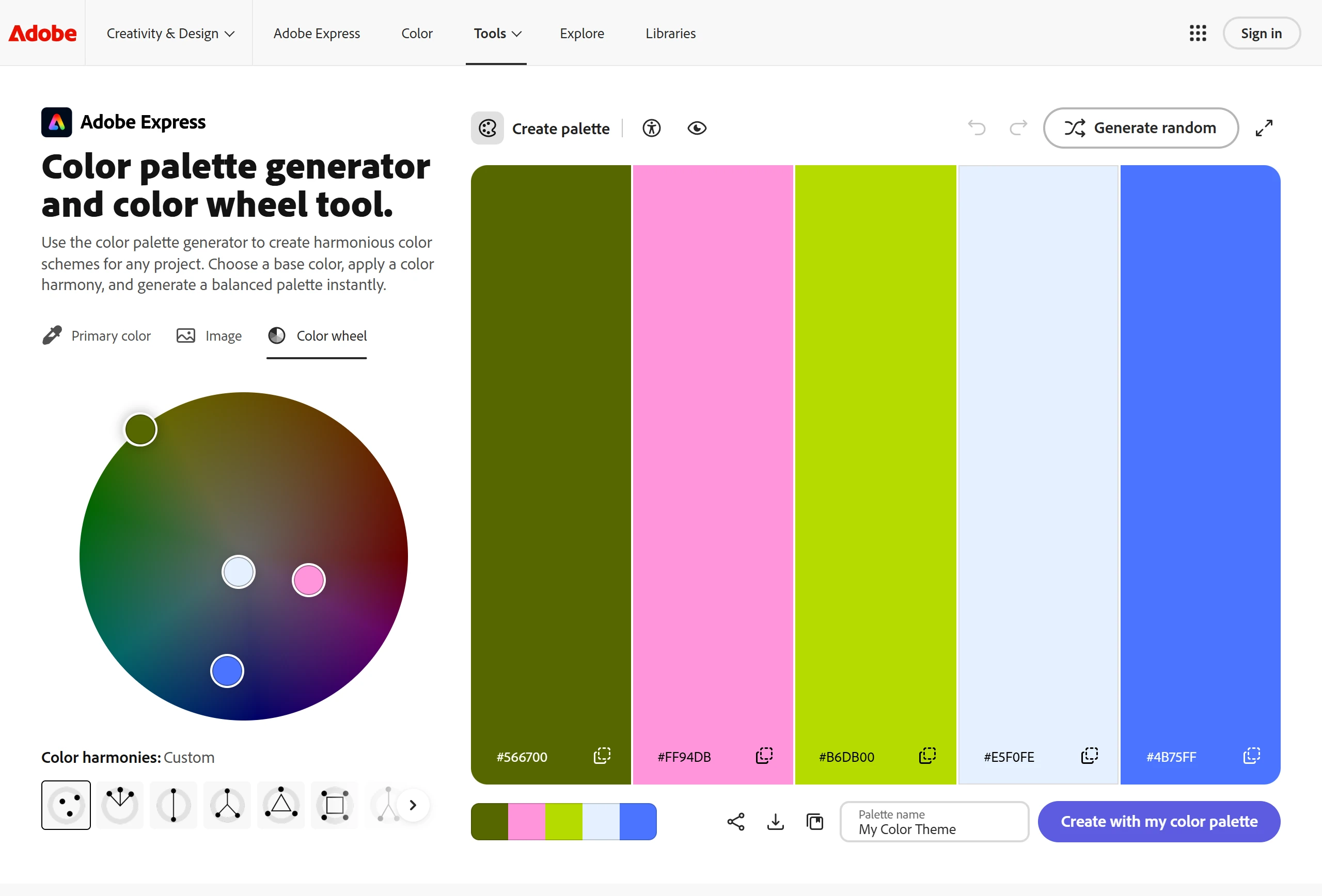 Adobe Color 色輪工具畫面,左下角一整排配色法則按鈕都可直接點選,右側顯示五色配色與 HEX 色碼,右上為未登入狀態