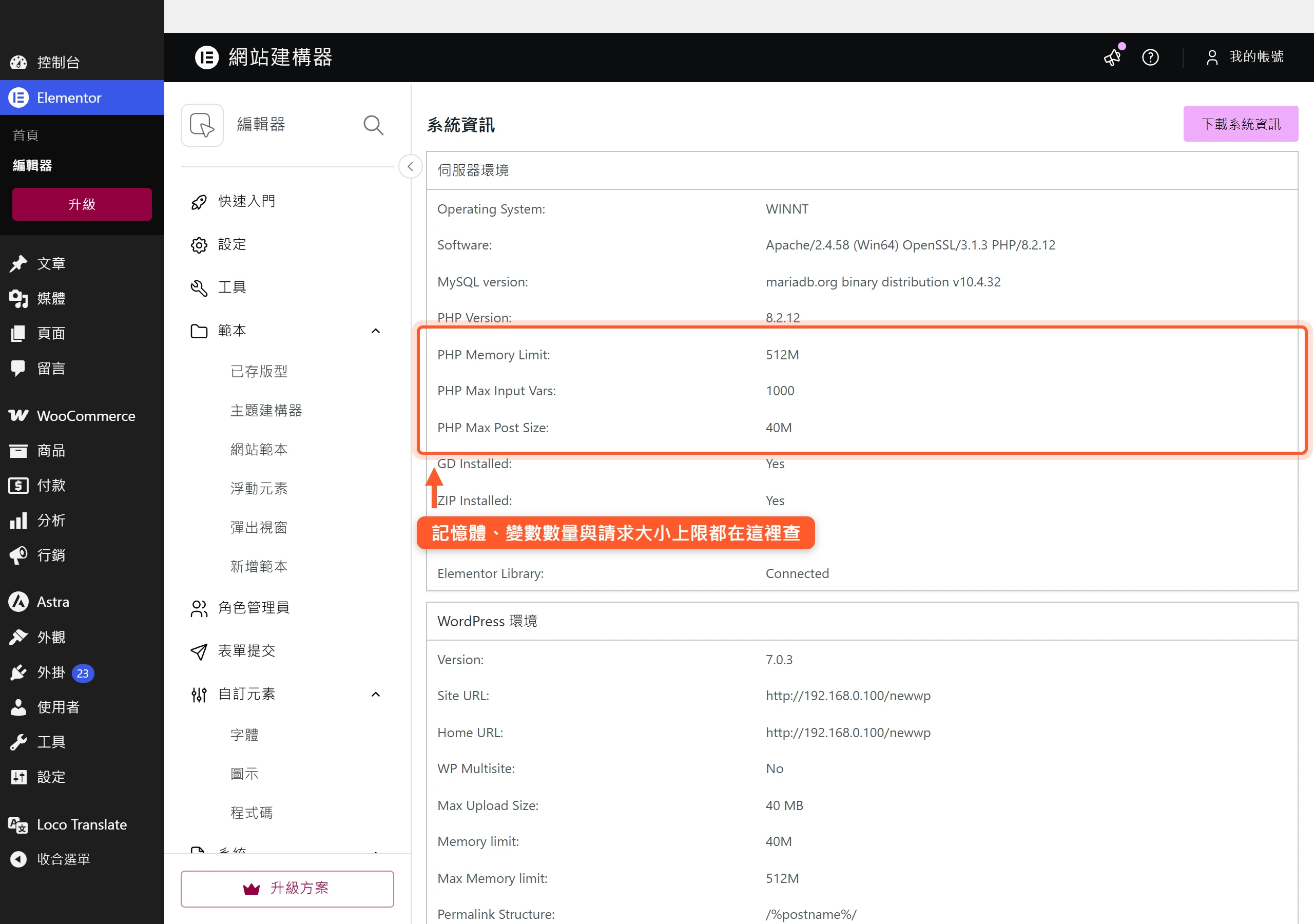Elementor 系統資訊頁列出 PHP 記憶體上限、Max Input Vars 與請求大小上限,是核對承載設定的第一站。