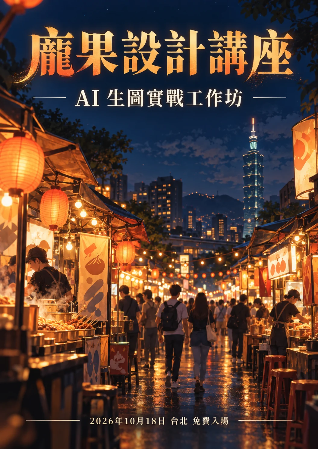 GPT Image 2.5 生成的直式中文夜市活動海報,標題「龐果設計講座」與底部日期文字逐字正確。