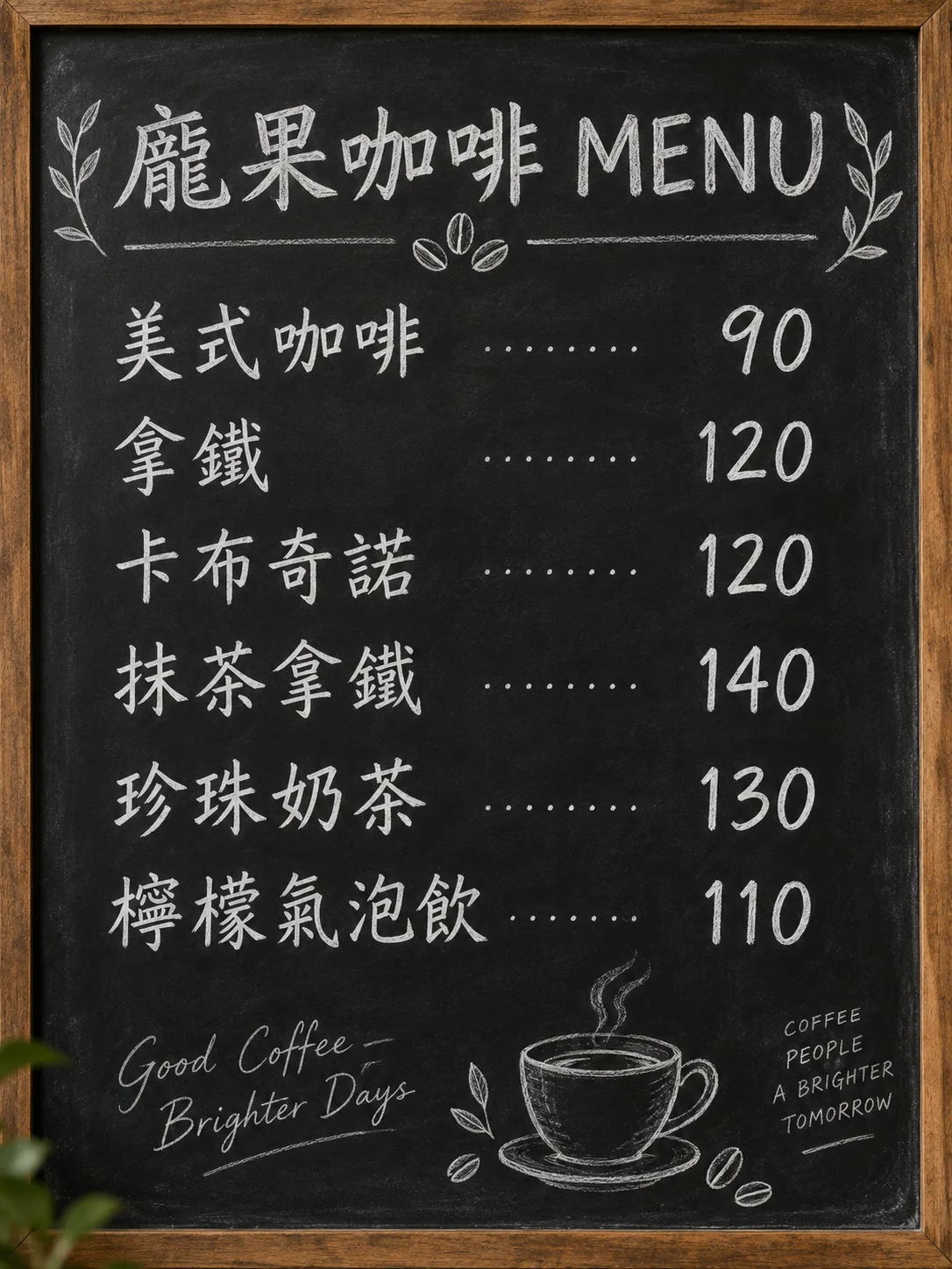 GPT Image 2.5 生成的手寫粉筆風咖啡菜單黑板,六個品項與價格逐字正確。
